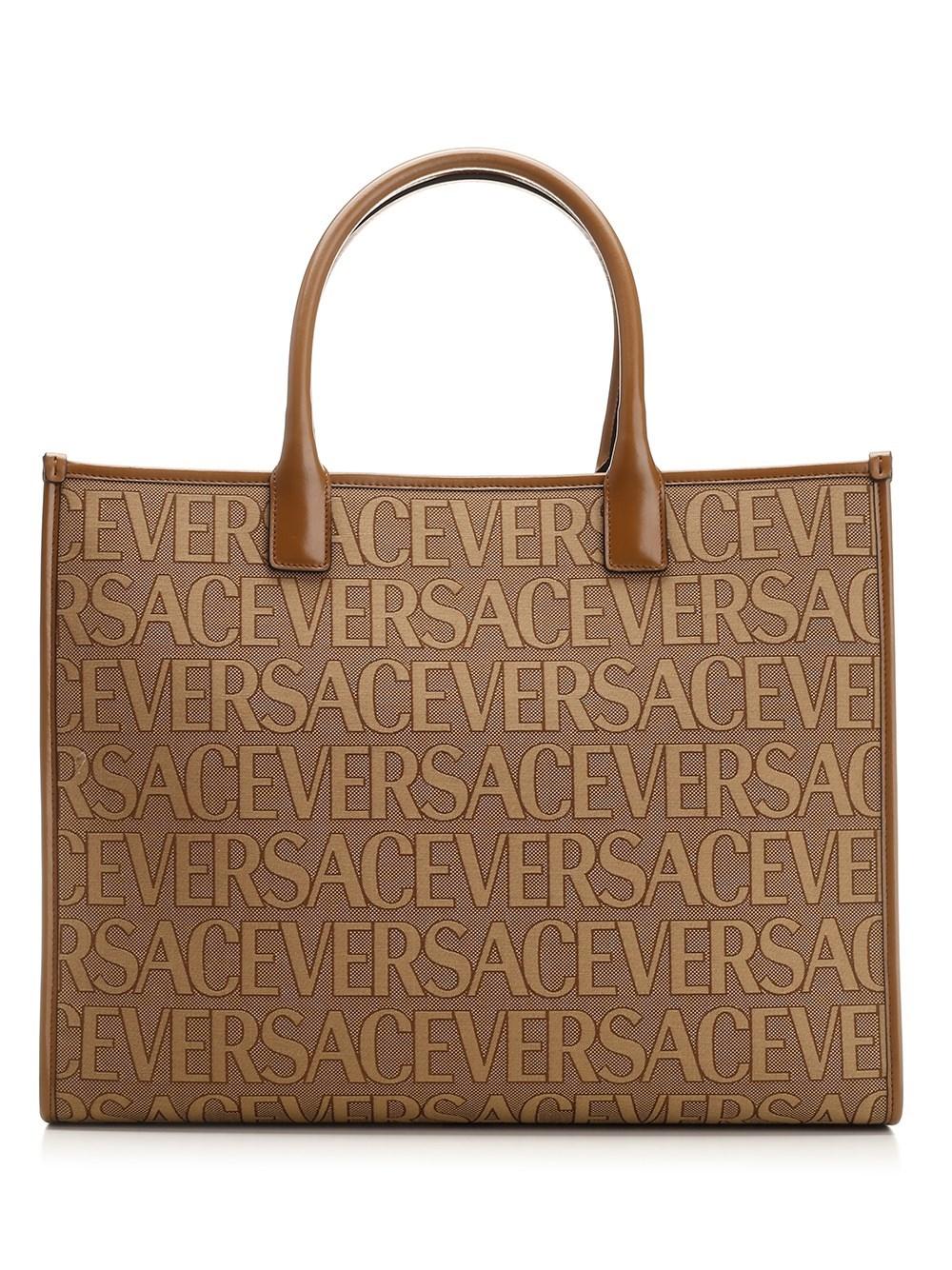 VERSACE Embellished leather-trimmed canvas-jacquard tote