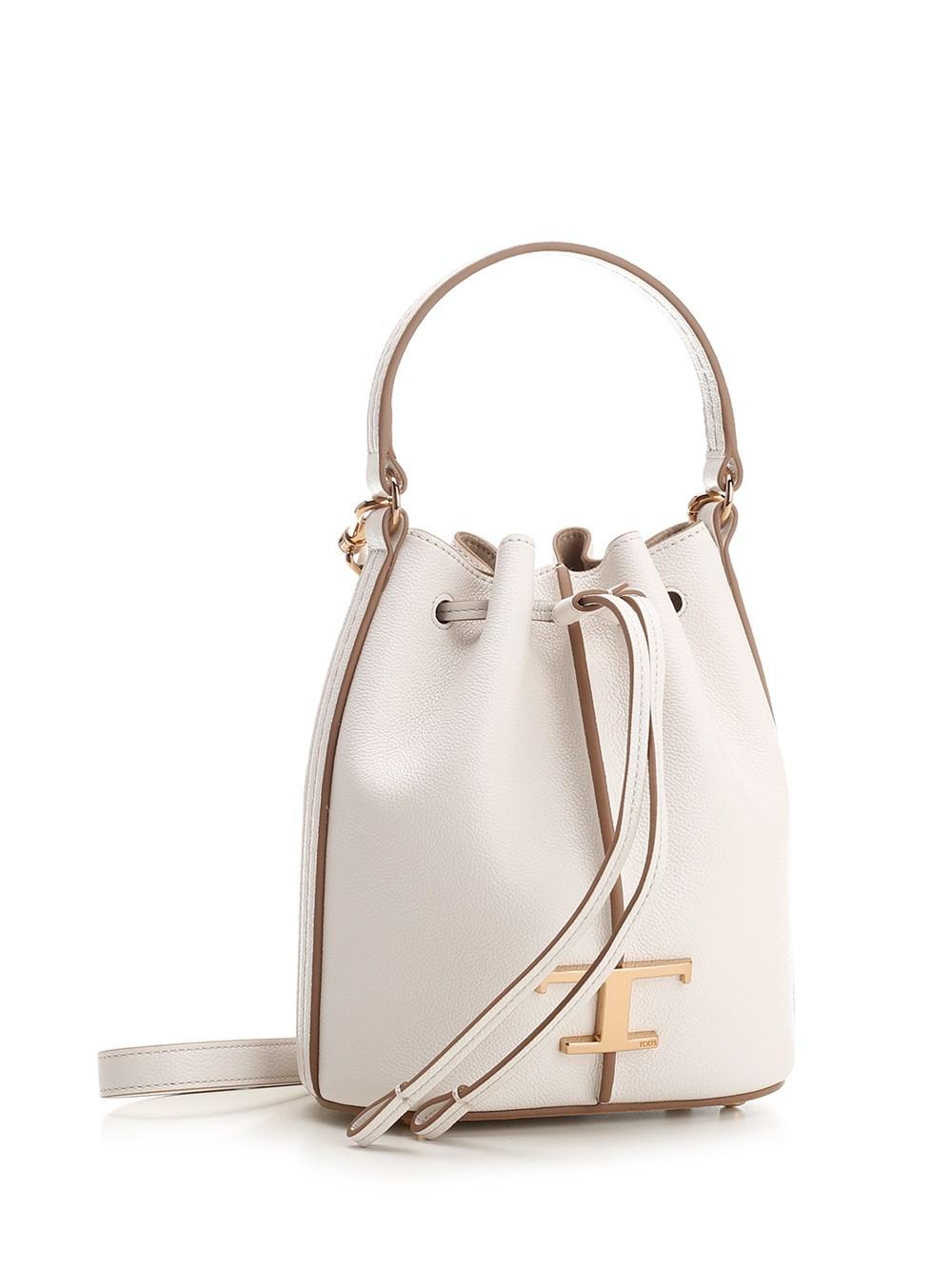 Woman WHITE T Timeless Bucket Bag in Leather Micro