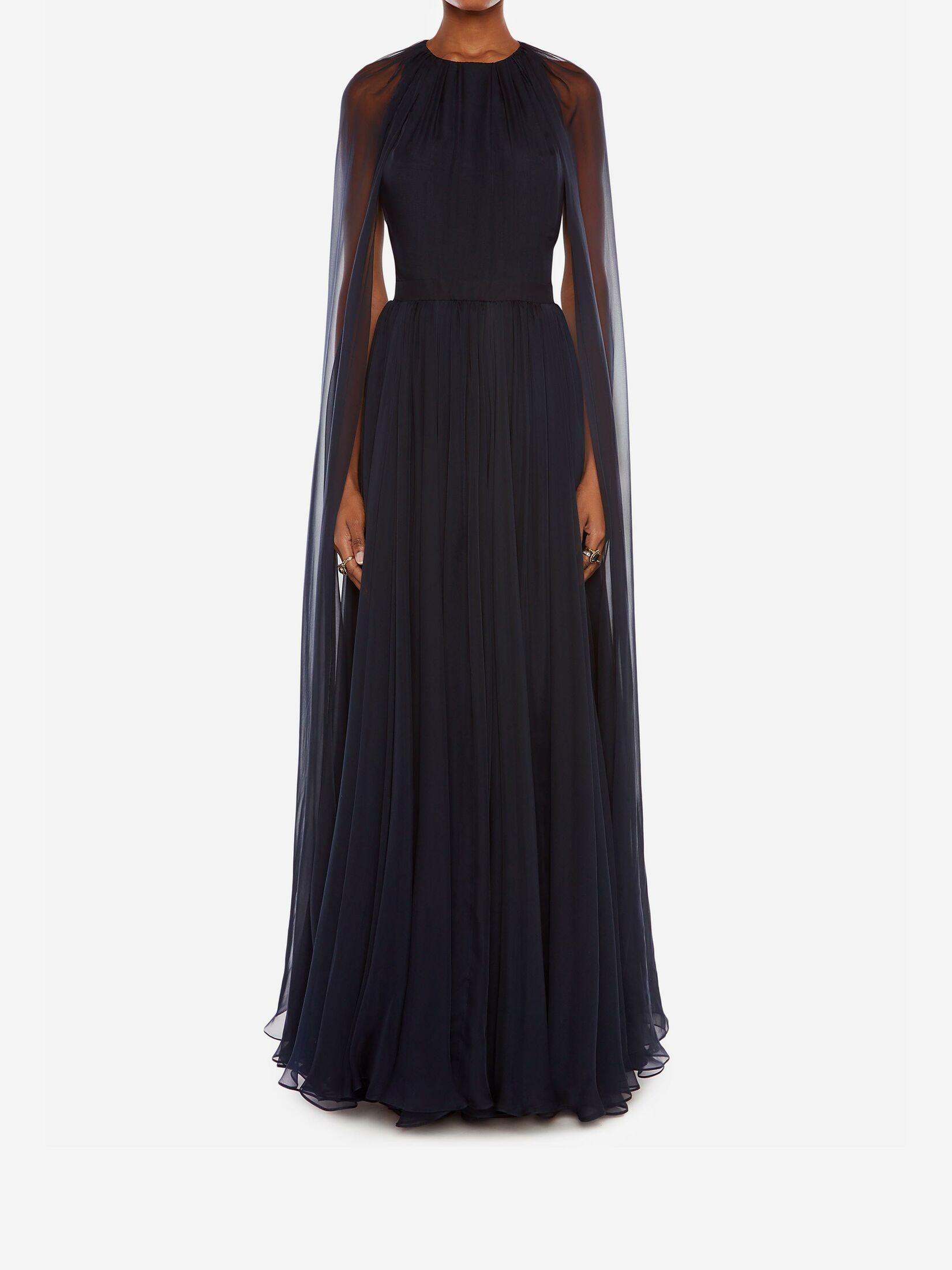 Alexander McQueen Blue Cape Sleeve Chiffon Evening Dress | Lyst