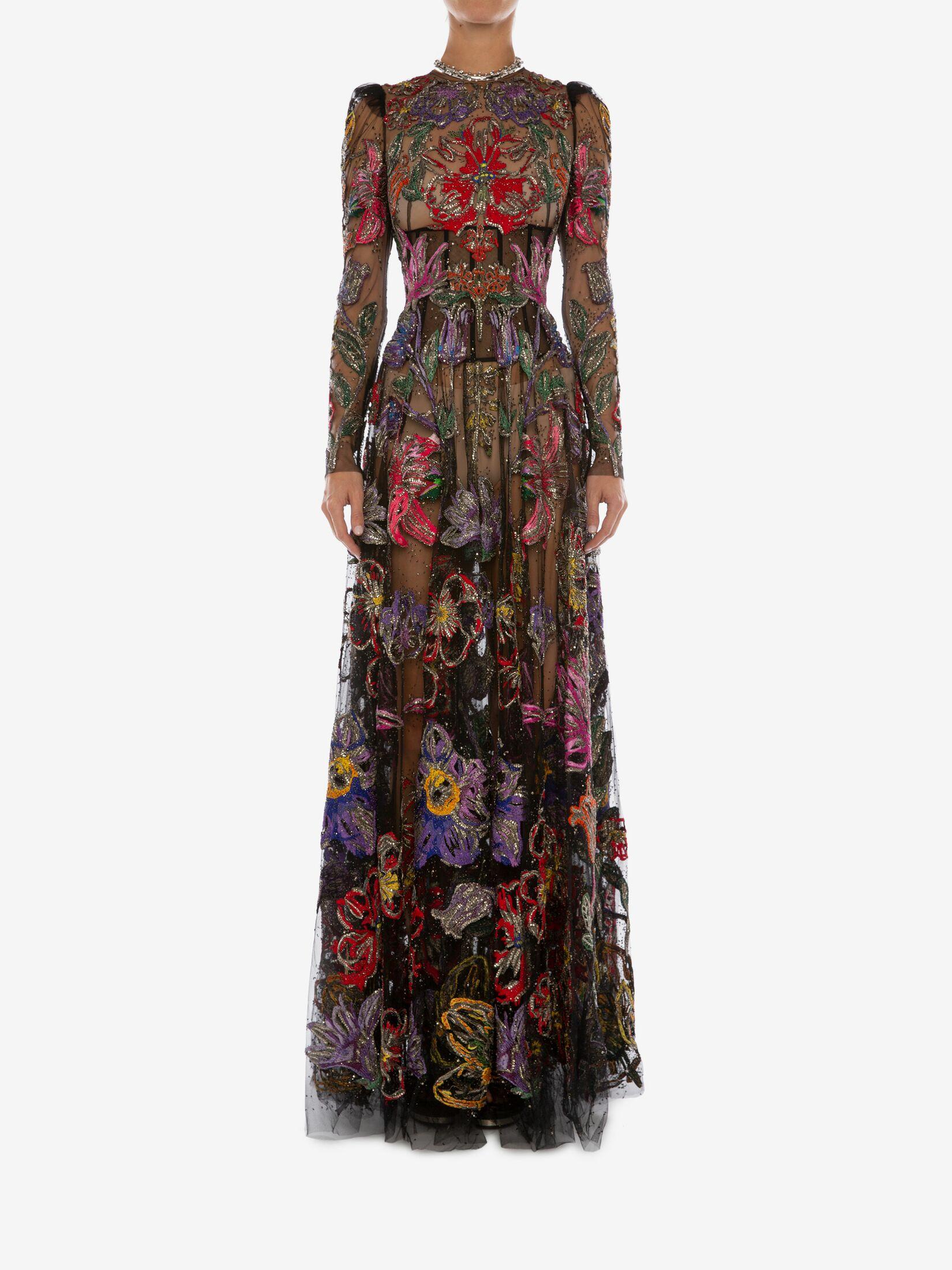 Alexander McQueen Tulle Black Embroidered Endangered Flower Evening Dress |  Lyst