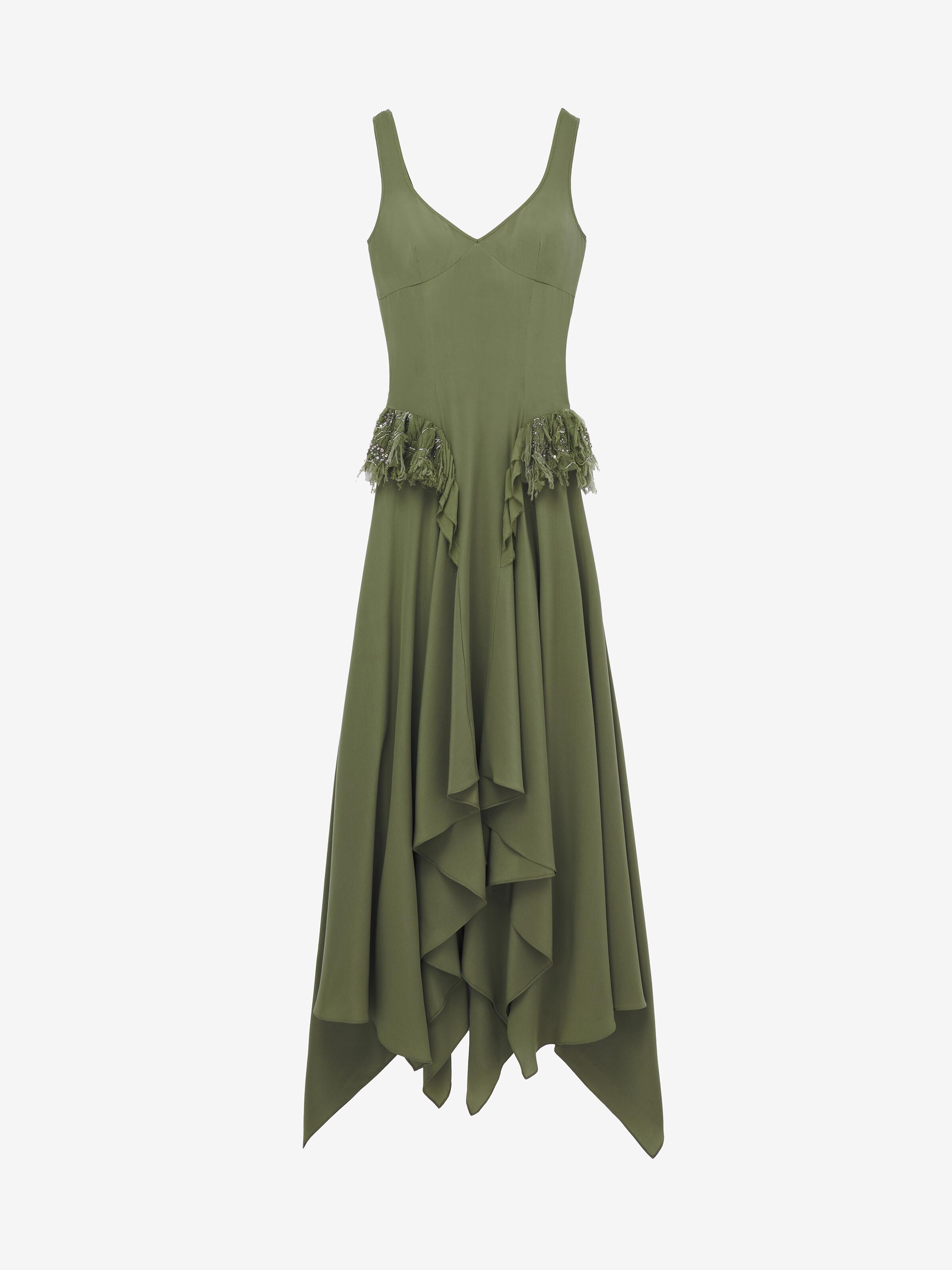 McQueen Silk Asymmetric Midi Dress in Green | Lyst