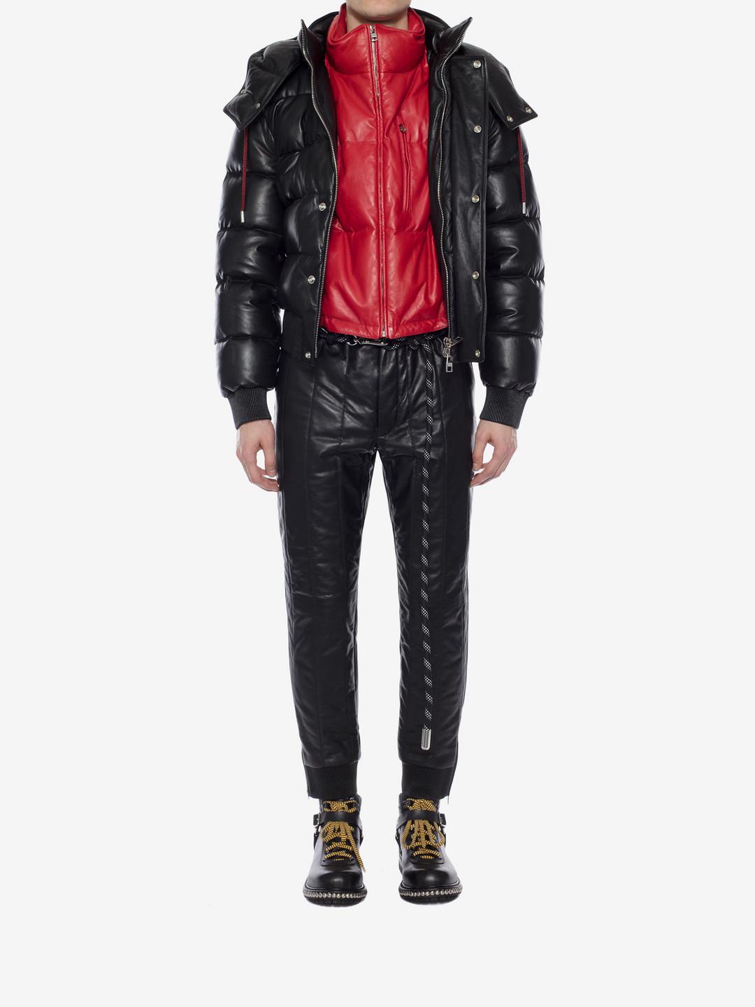 down filled black leather bubble jacket