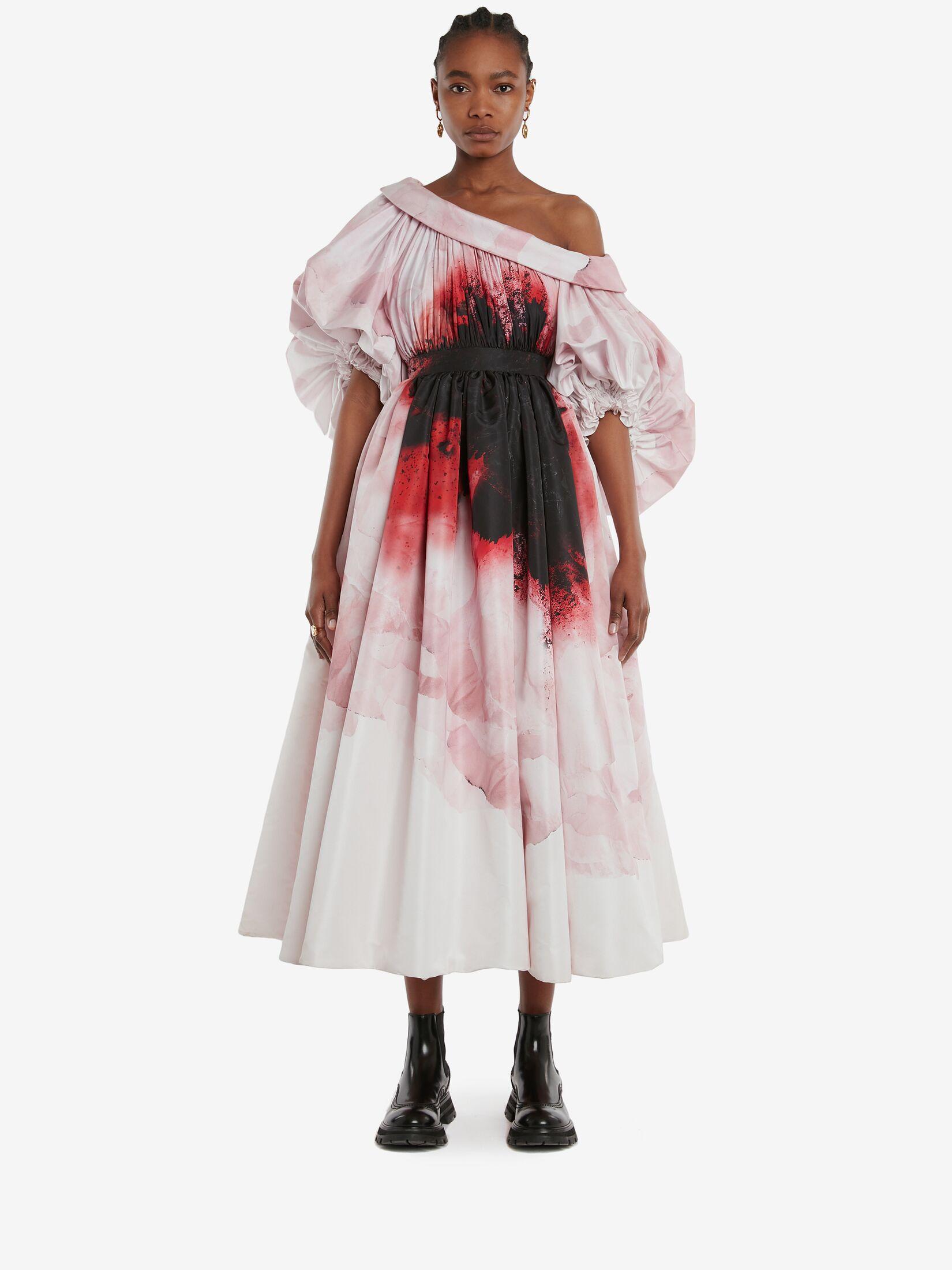 Alexander McQueen Dropped Shoulder Anemone Print Dress in Pink | Lyst UK