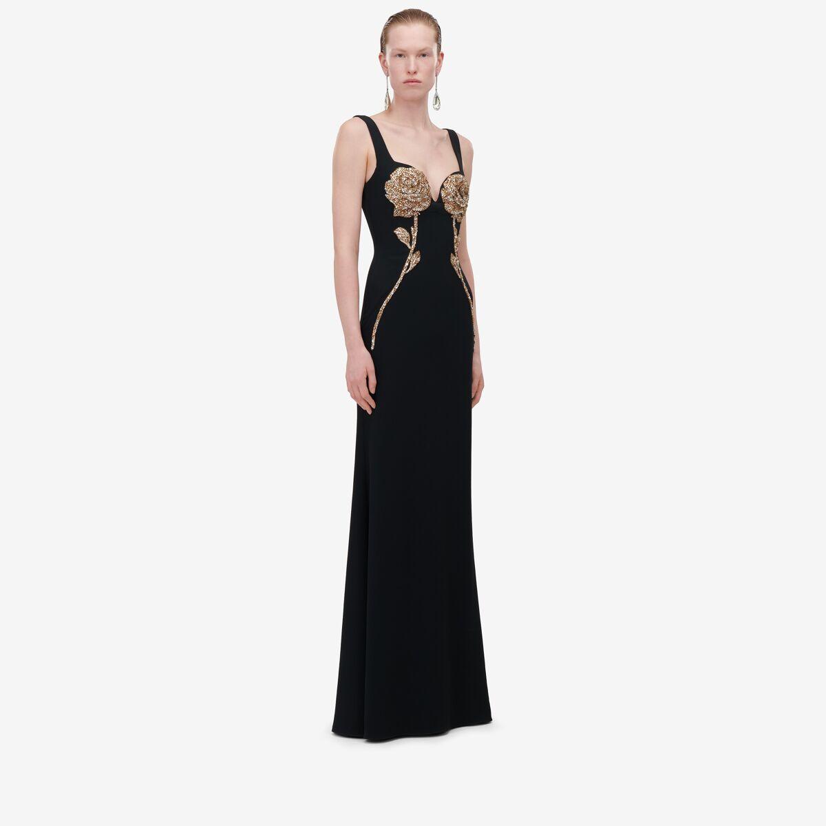 McQueen Gold Rose Embroidery Evening Dress in Black | Lyst