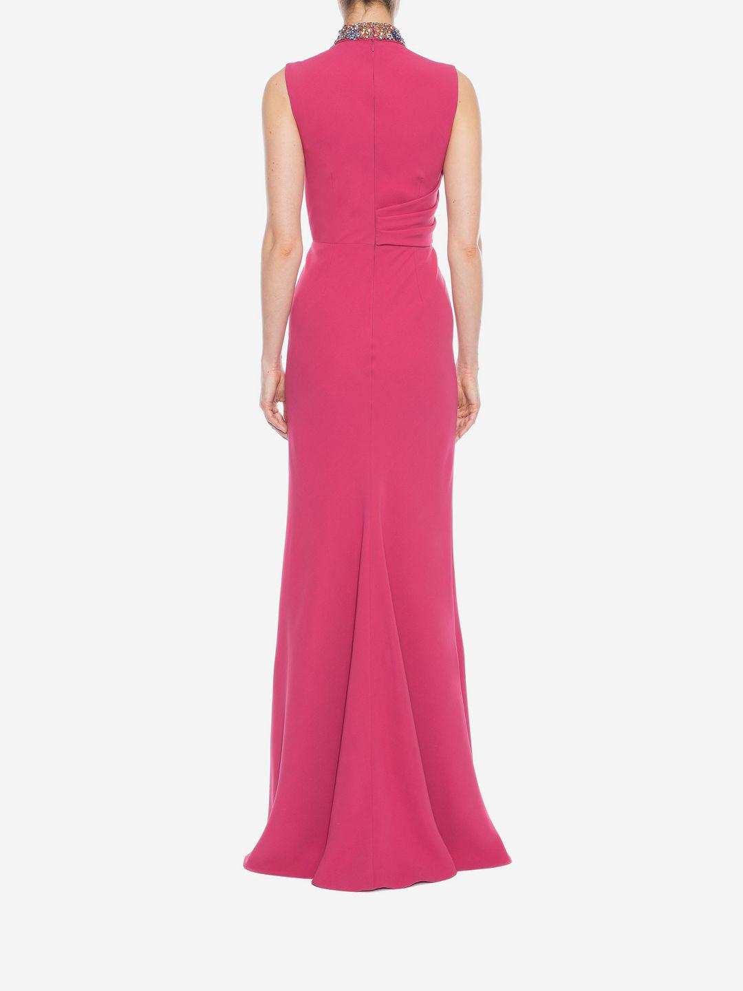 Alexander McQueen Silk Embroidered Halter Neck Evening Dress in Hot