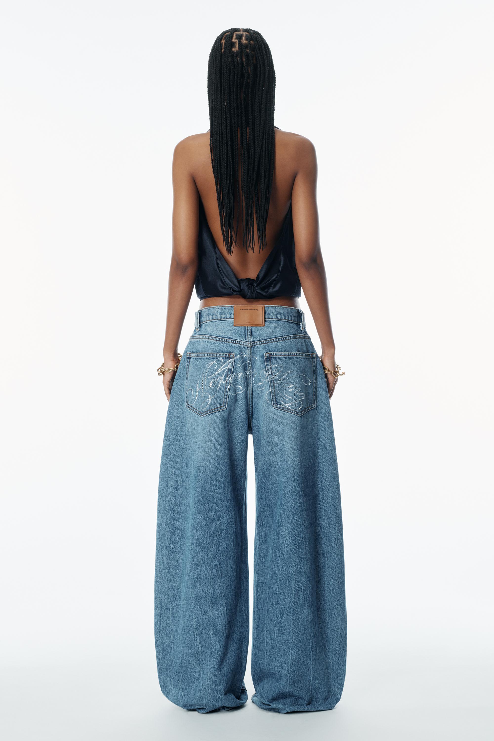 【DISCERNMENT】Curved wide long denim Denim Denim Mid Waist Pocket Baggy Jeans Curve & Plus