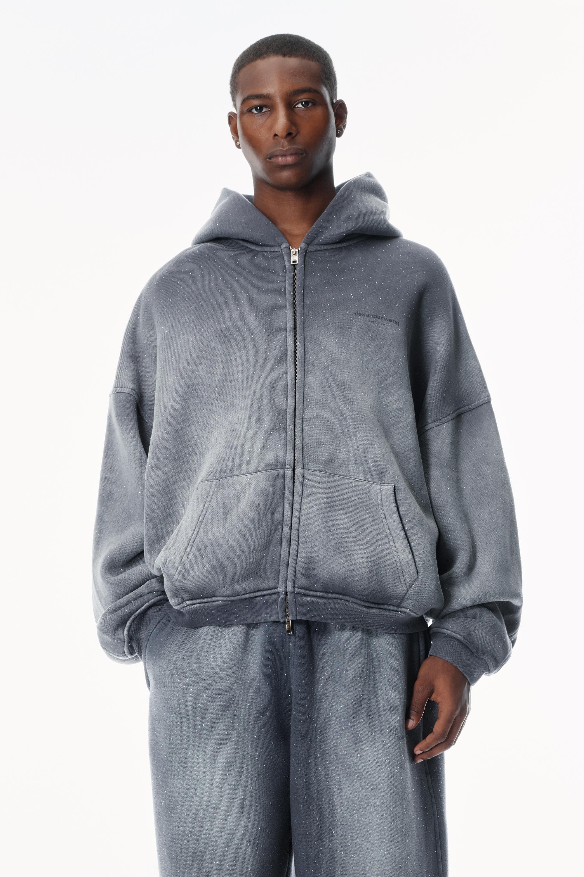 Alexander Wang Crystal Hotfix Zip-up Hoodie in Grey for Men | Lyst