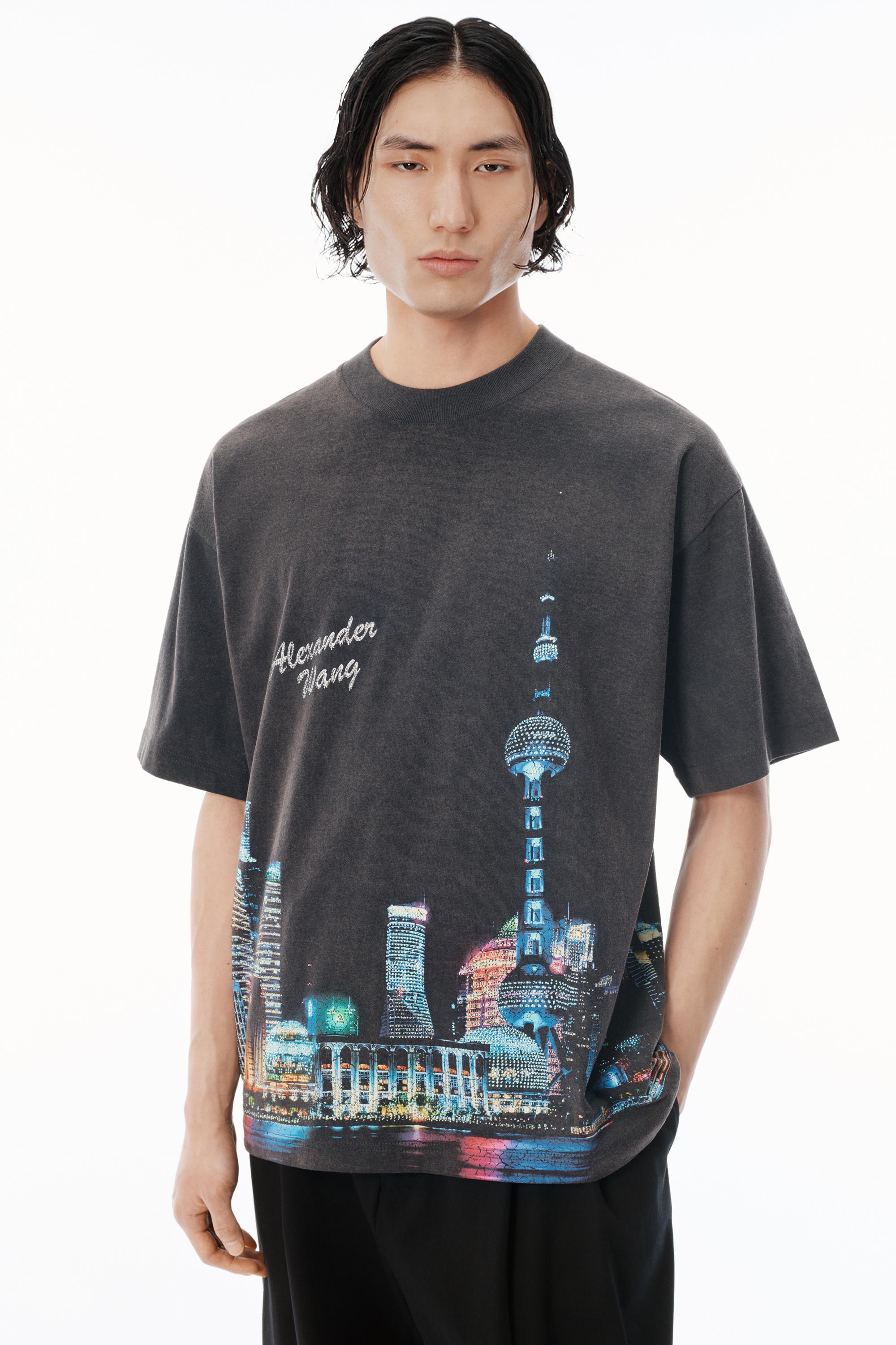 【関税&送料込】Alexander Wang Rhinestone Logo T-Shirt Crystal Hotfix Tee in Ribbed Jersey in WASHED ASH
