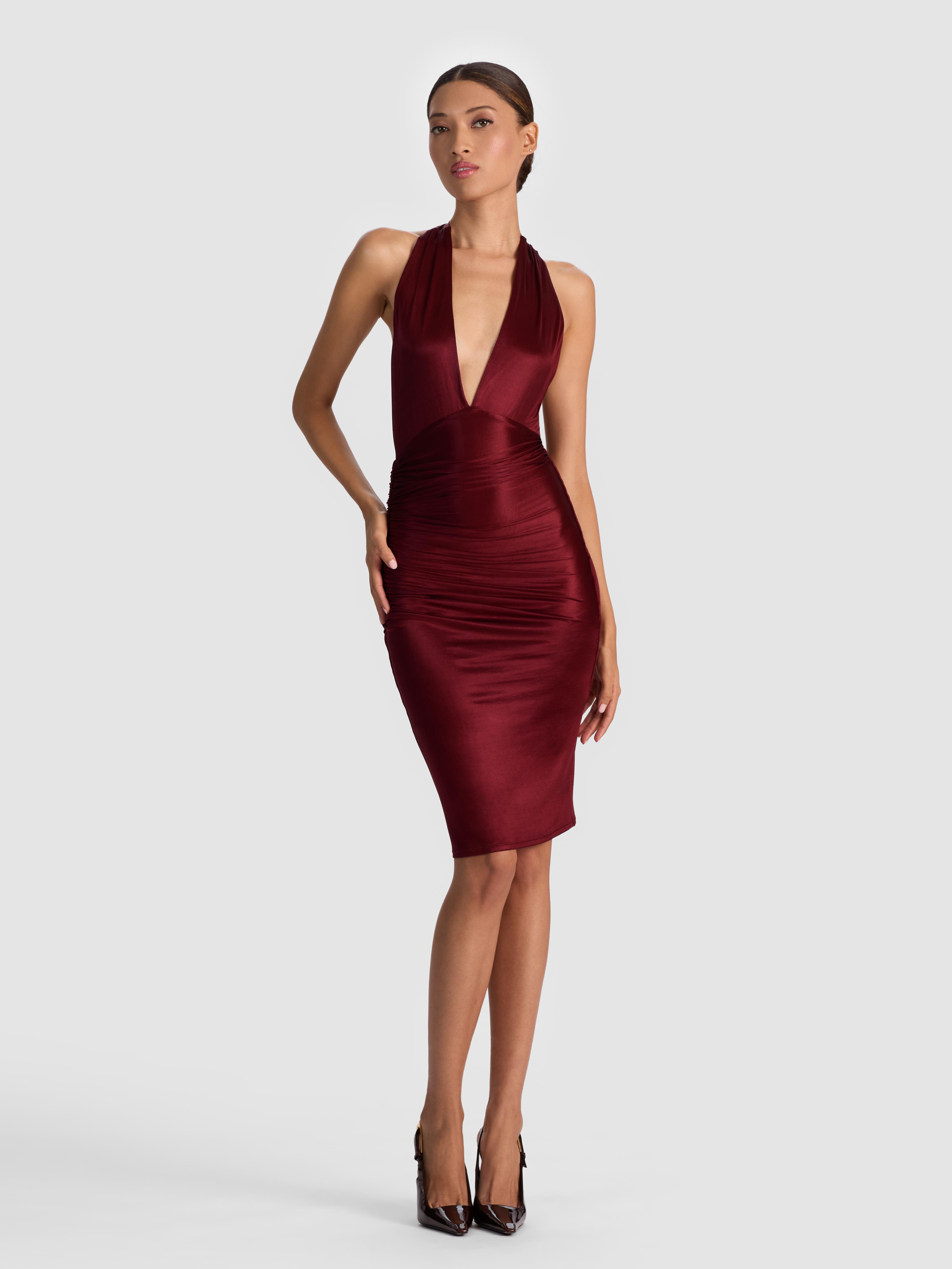 Alice + Olivia Romy Draped Midi Dress in Red | Lyst