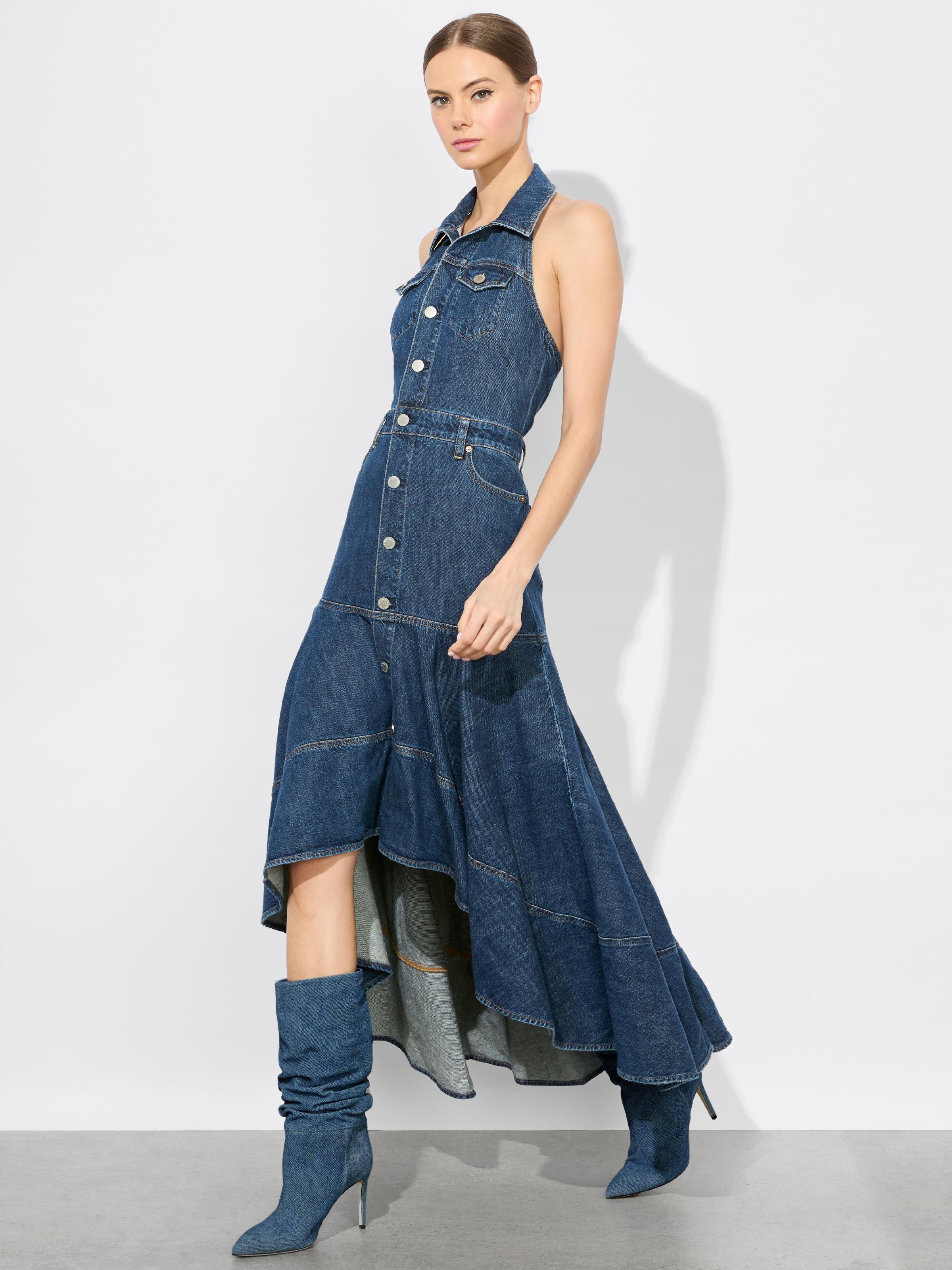 high low denim dress Light Blue 1950s Sleeveless High-Low Hem or layer it with a jacket to switch up the look Hailey Denim Maxi Dress -