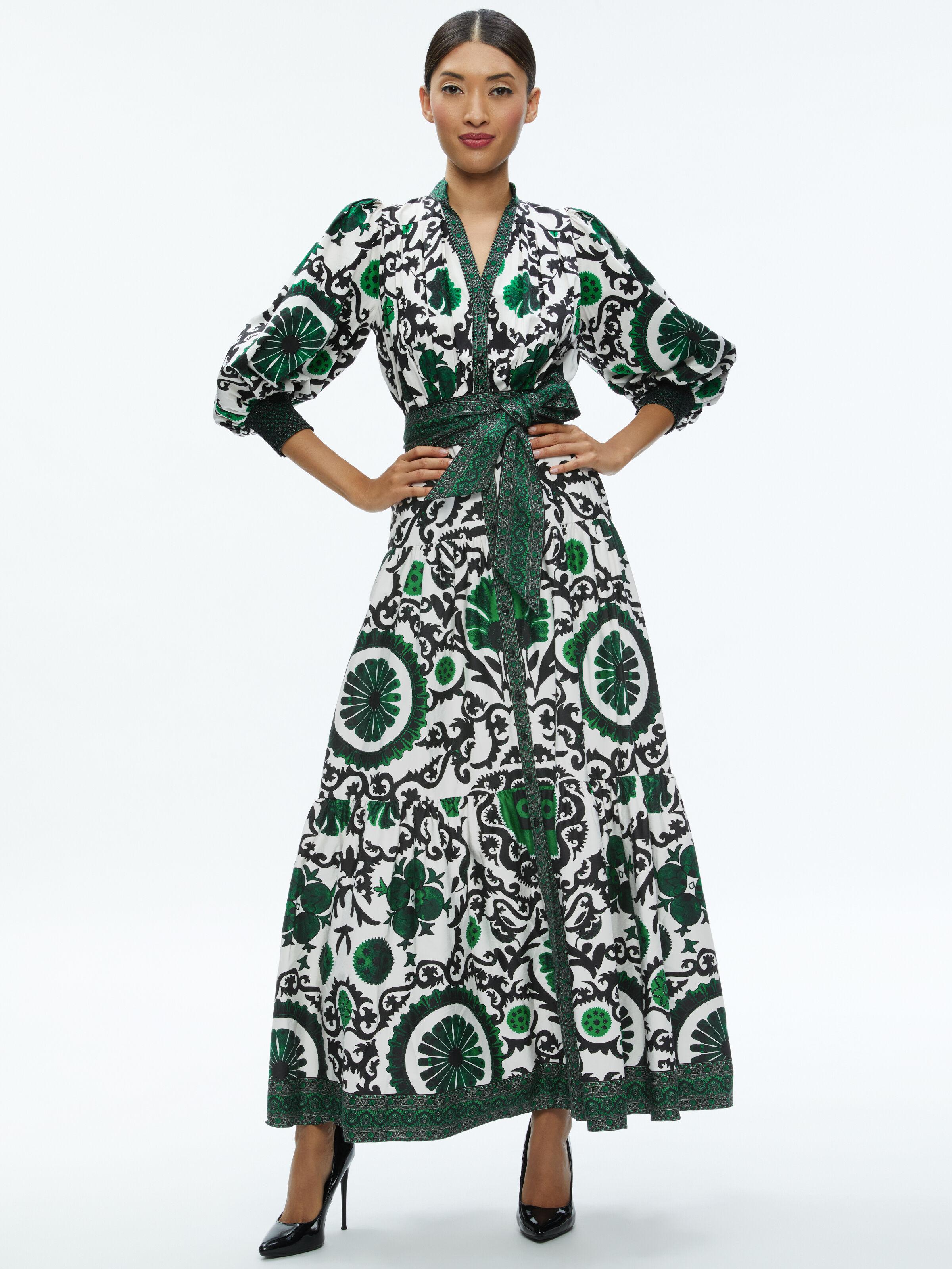 【Alice+Olivia】CORA 花柄 タイ付き ティアード シャツドレス Alice + Olivia - コーラ・ボリューム・ティアード・シャツ