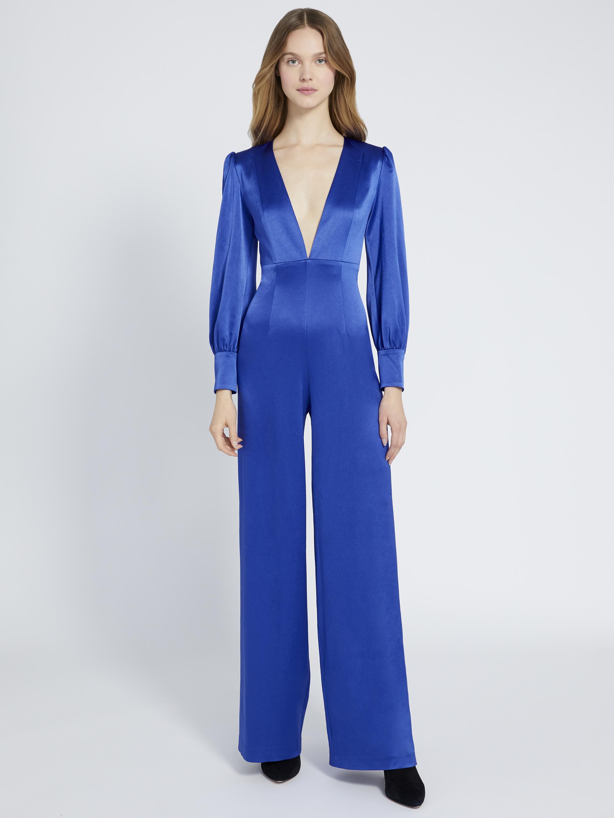 Alice + Olivia Lisa Puff-sleeve Plunging Jumpsuit in Blue | Lyst