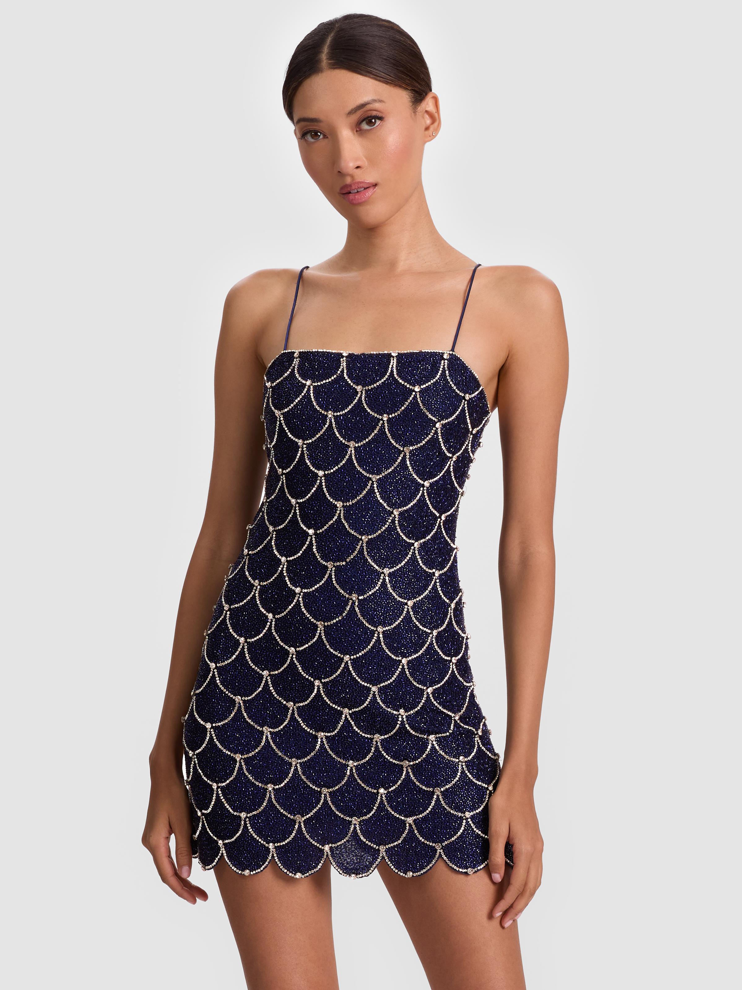 alice and olivia navy blue dress Sample Dusty Blue Bardot Crepe Dress main image 0