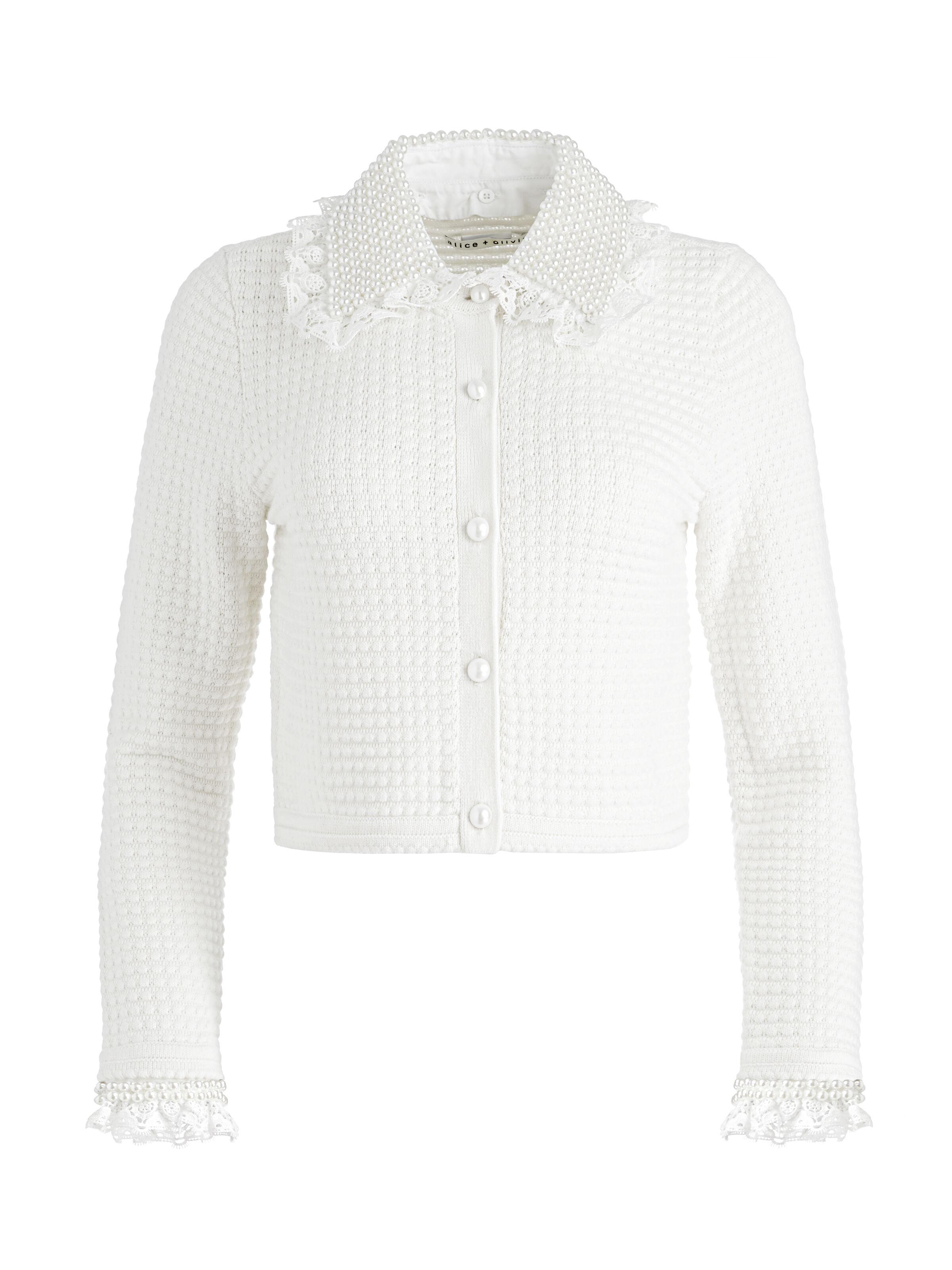 Alice + Olivia Noella Embellished Collared Cardigan in White | Lyst