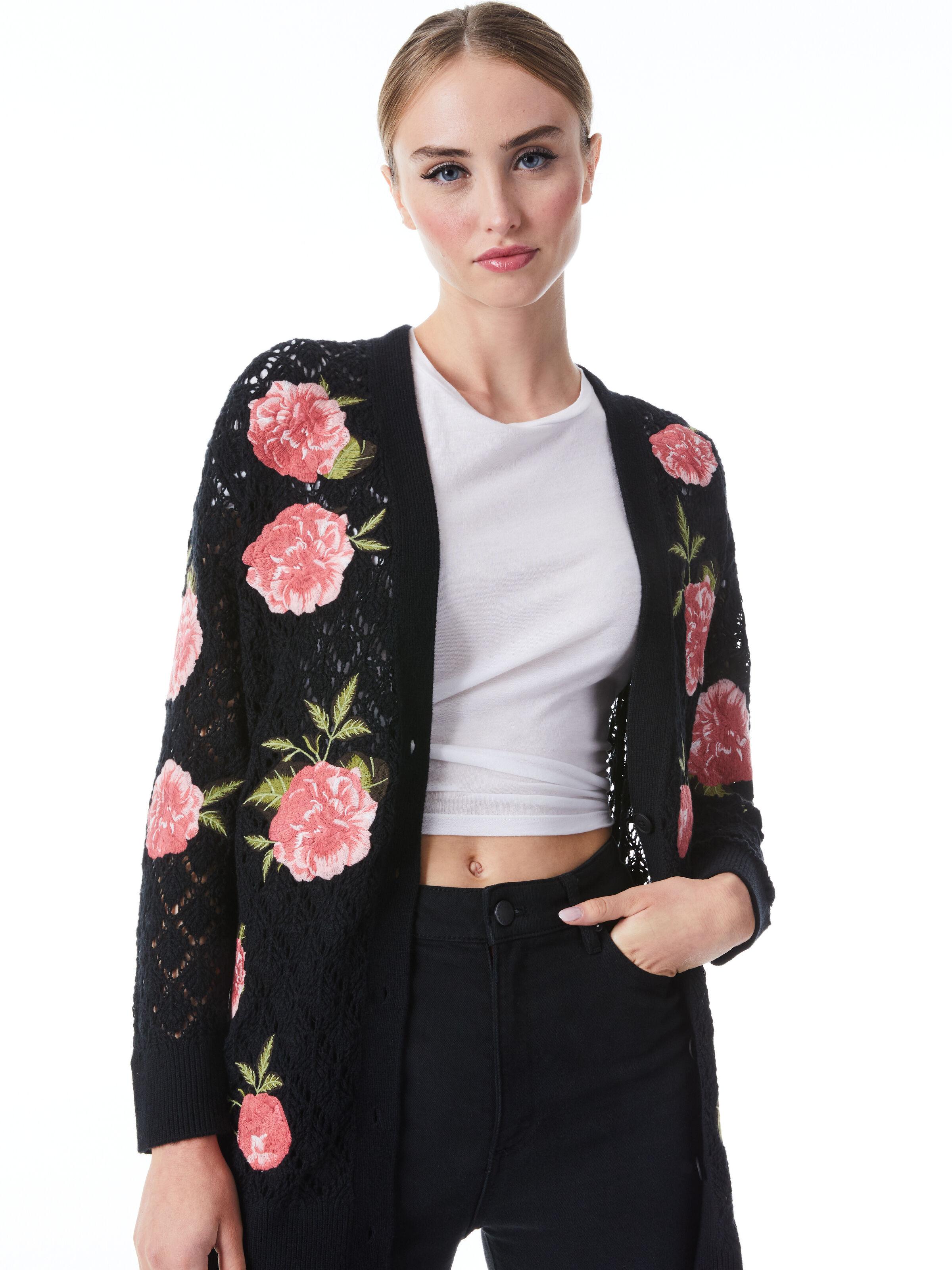 Alice + Olivia Bradford Embroidered Grandpa Cardigan in Black | Lyst