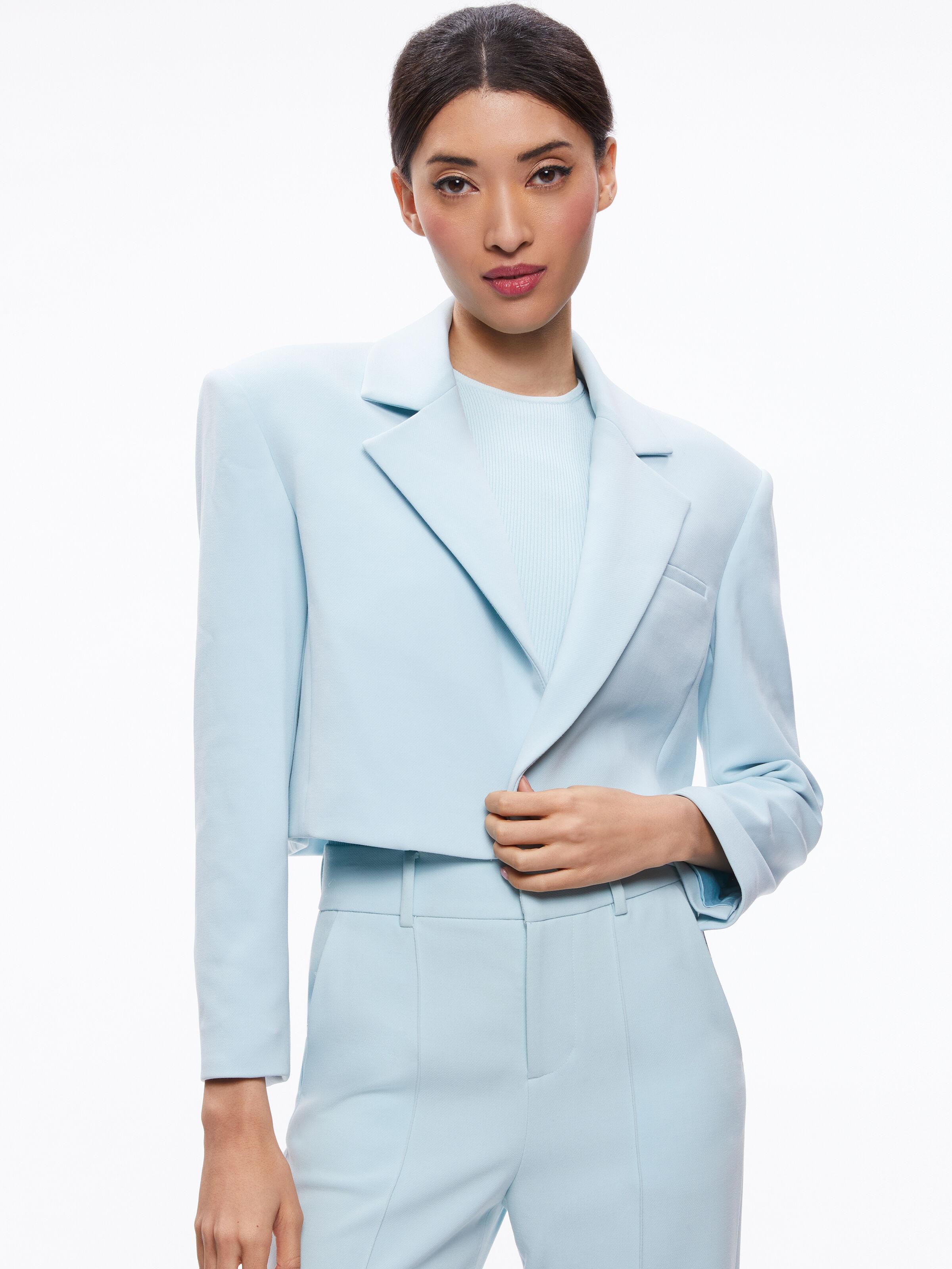 Alice + Olivia Alice + Olivia Shan Cropped Ruched Sleeve Blazer in Blue ...