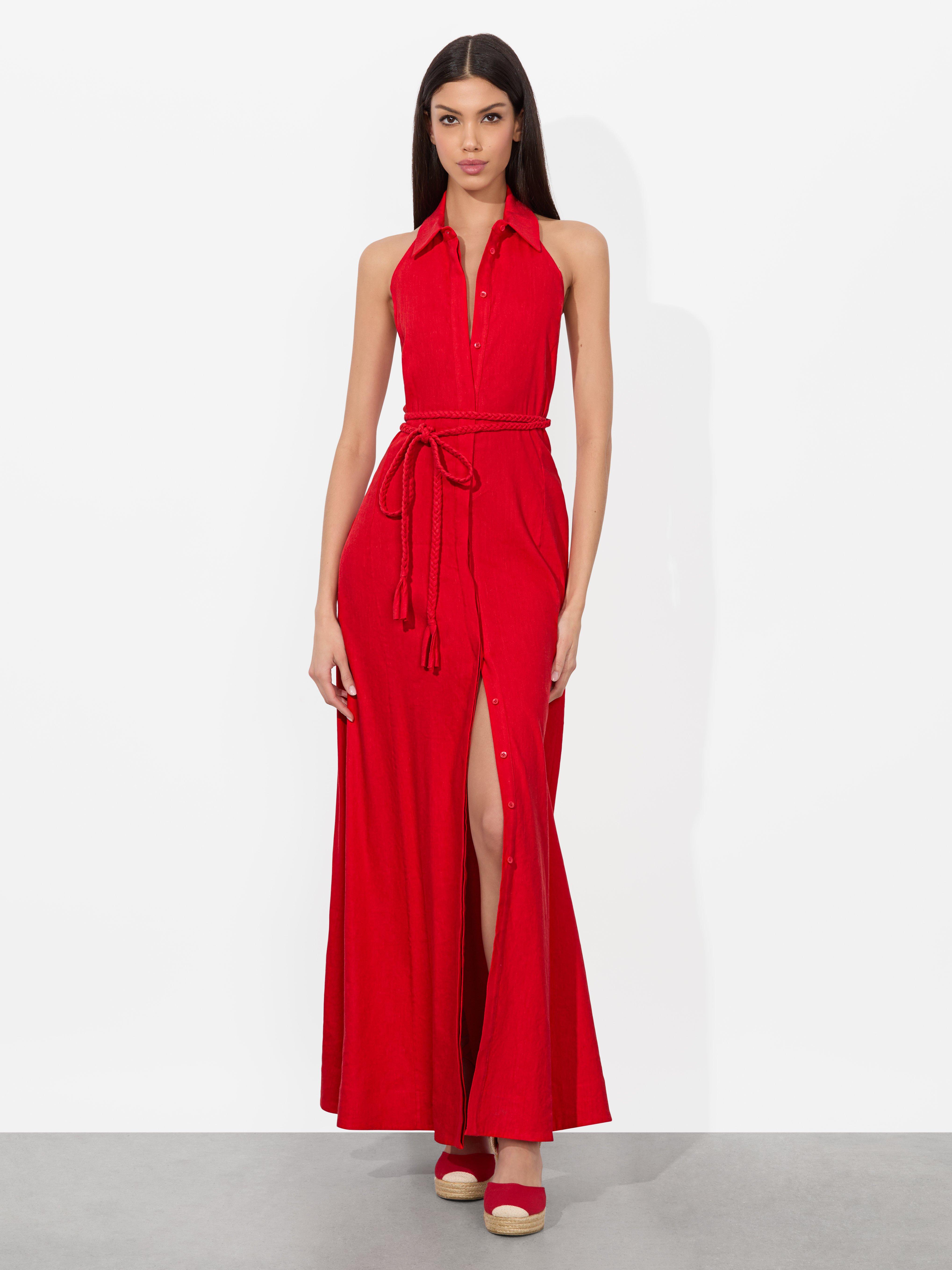 Alice + Olivia Chassidy Linen Maxi Dress in Red | Lyst