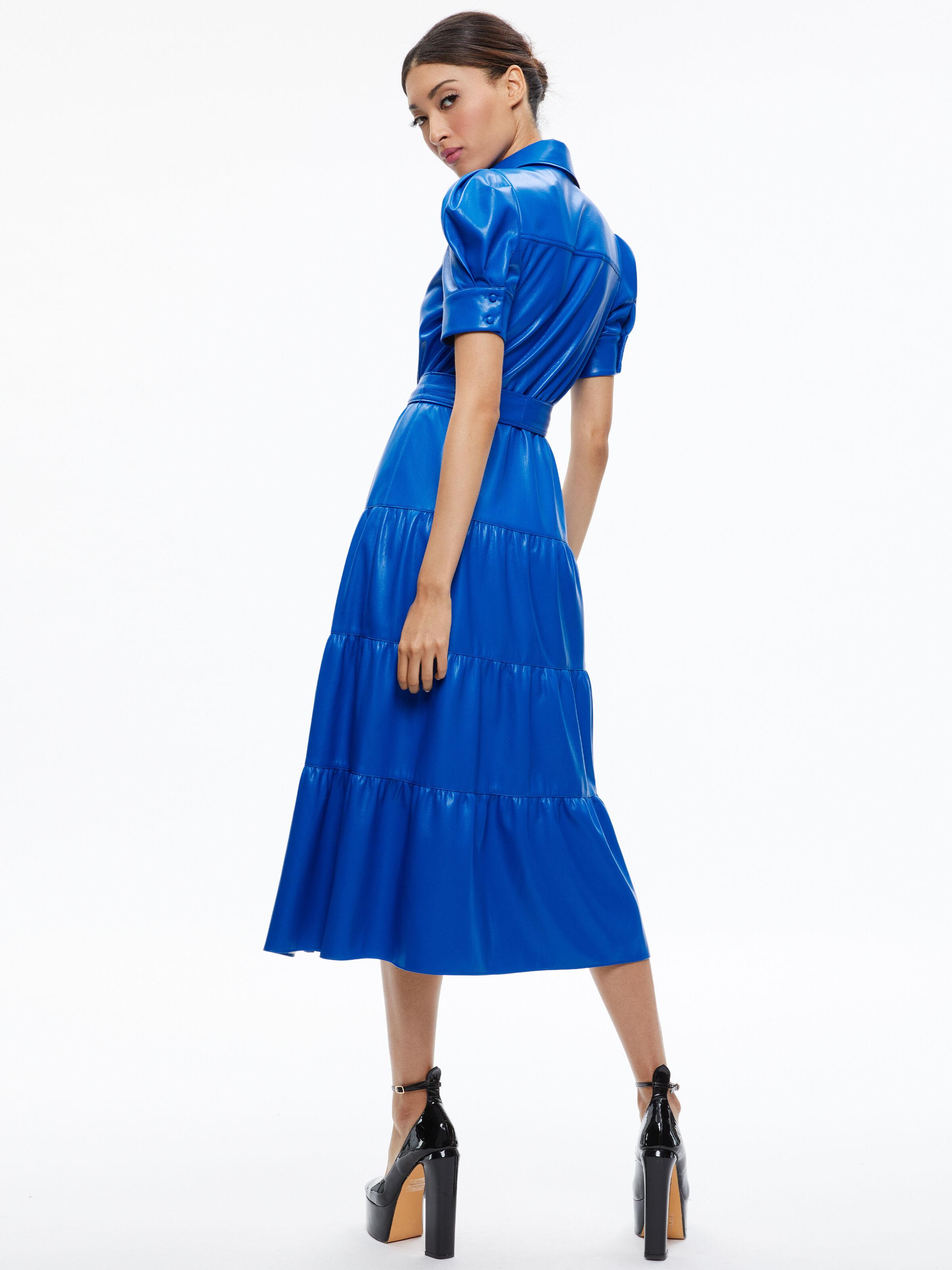 Alice + Olivia Miranda Vegan Leather Tiered Dress in Blue | Lyst Alice + Olivia Miranda Vegan Leather Tiered Dress in Blue | Lyst