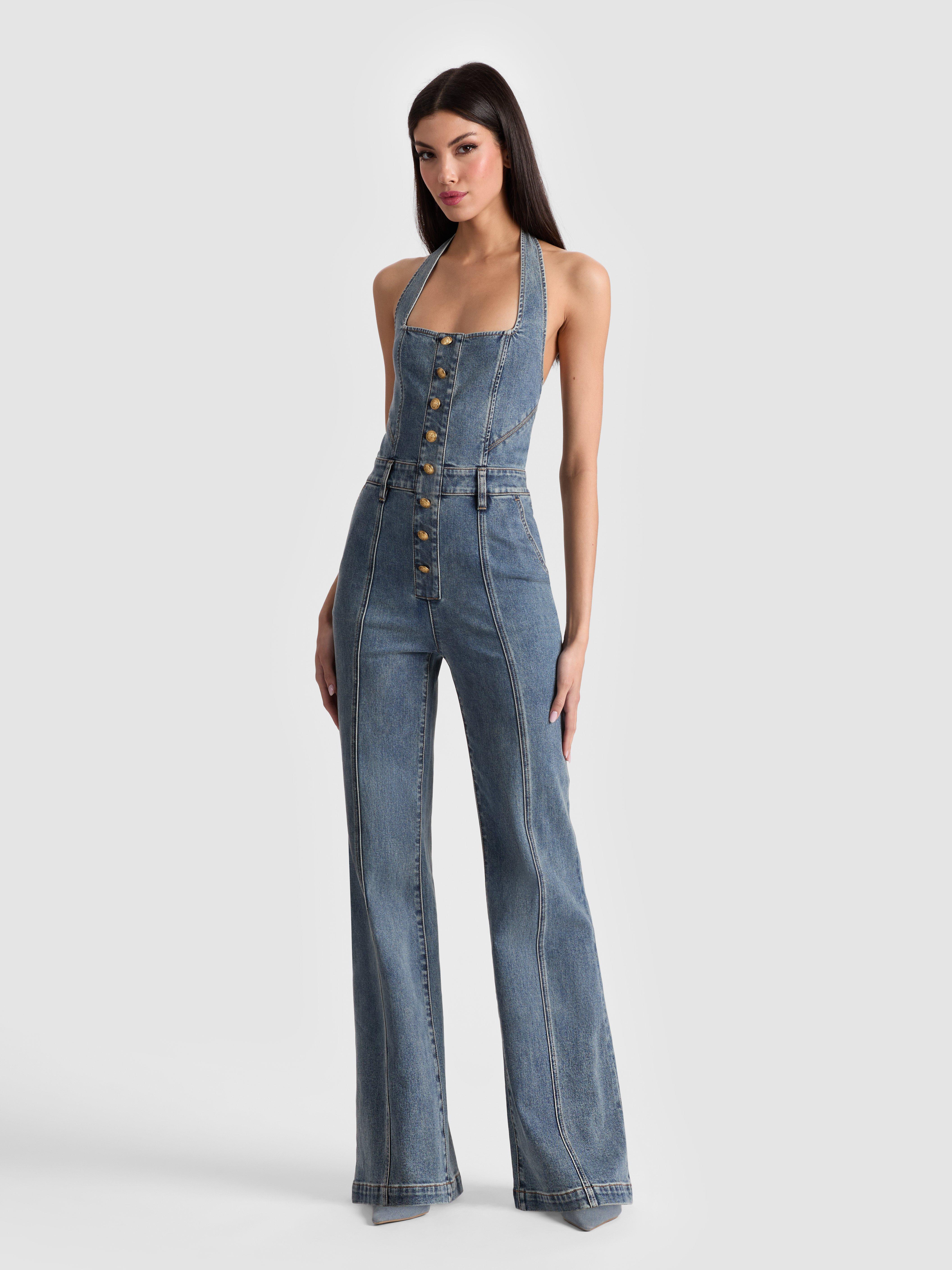 【Alice+Olivia】PENNIE デニム ホルターネック ジャンプスーツ Alice + Olivia Jumpsuits and rompers for Women | Online Sale