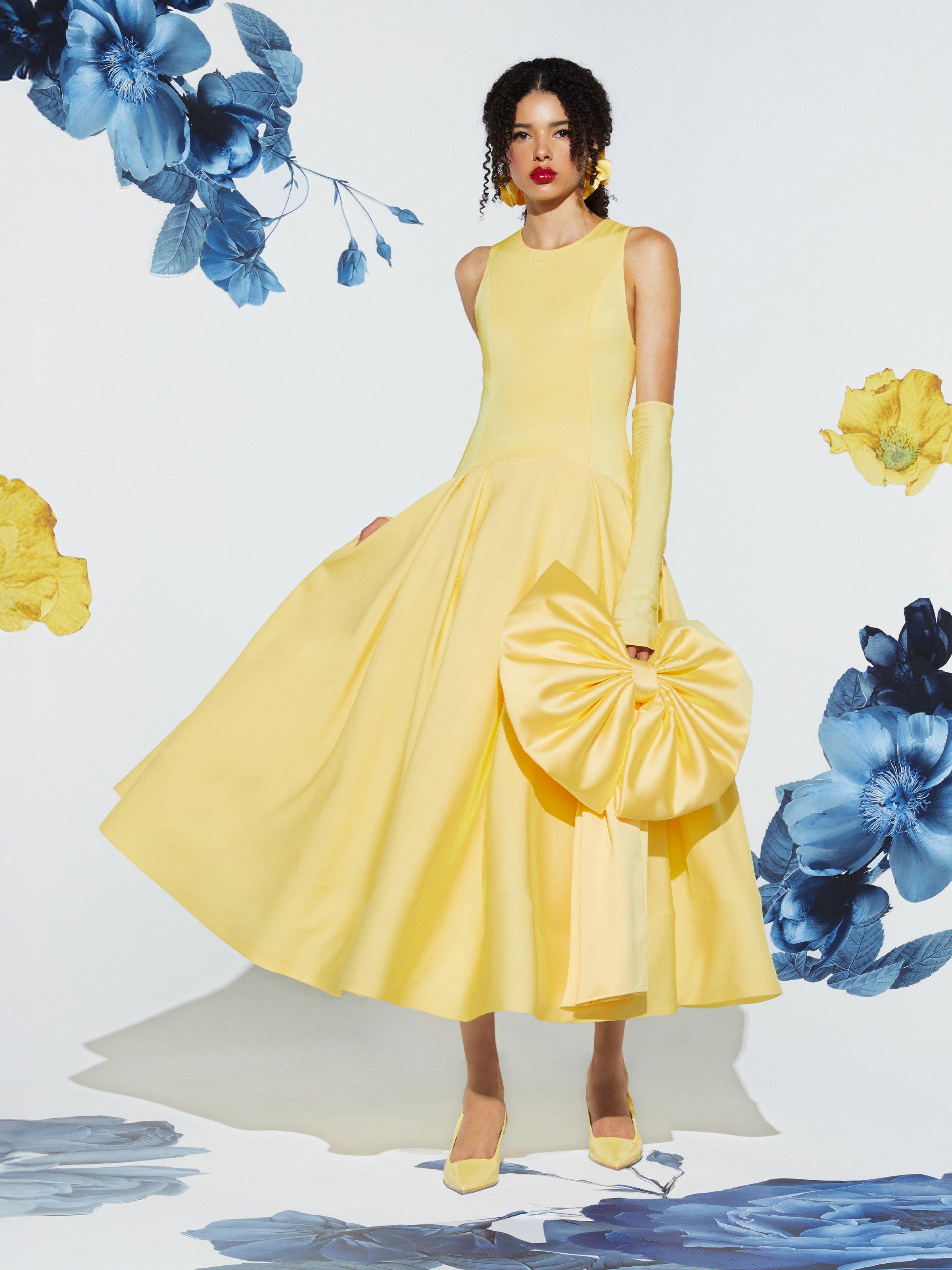 Alice + Olivia Adley Drop Waist Midi Dress in Yellow | Lyst
