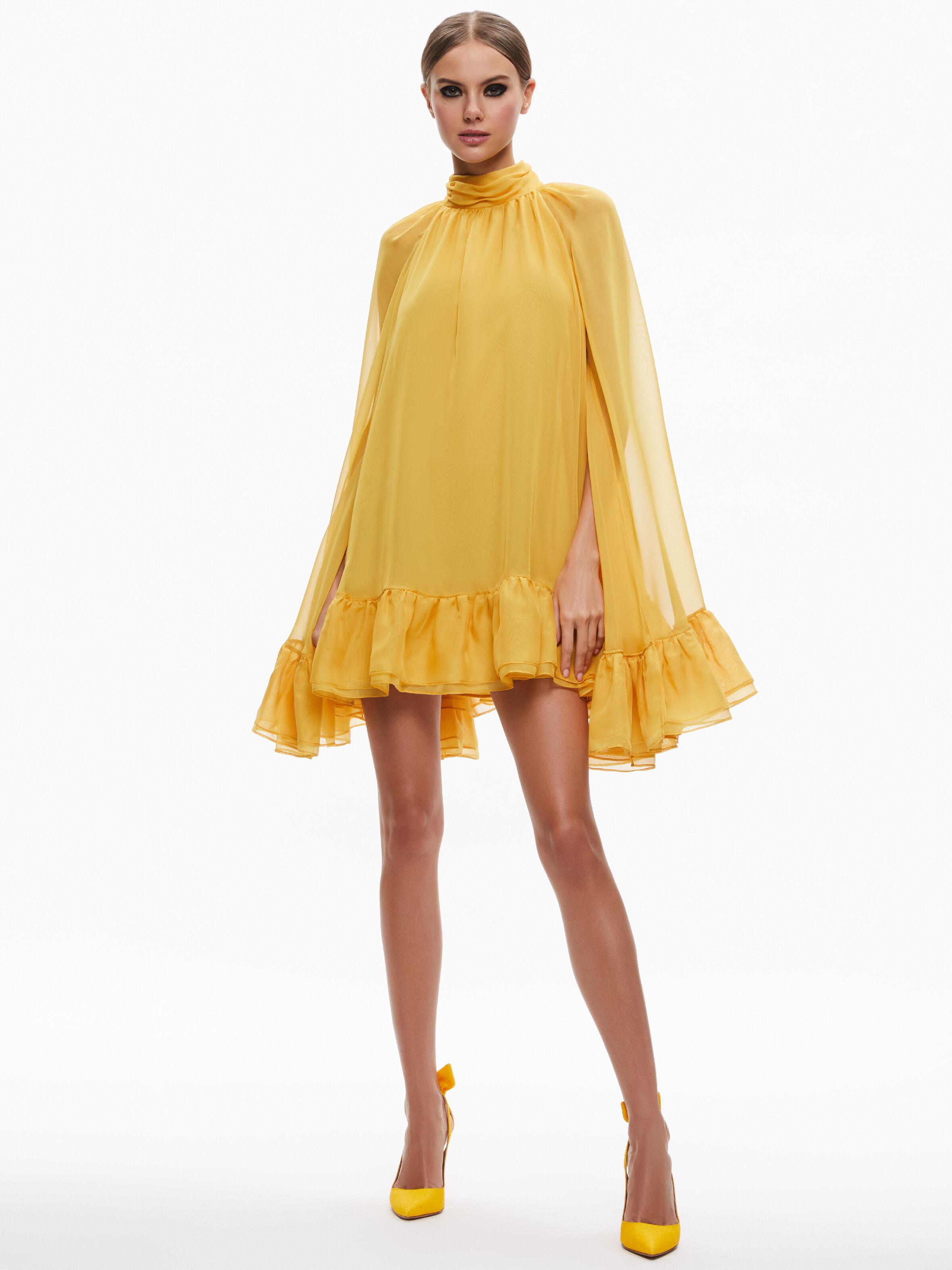 Alice + Olivia Erna Mock Neck Cape Sleeve Mini Dress in Yellow | Lyst