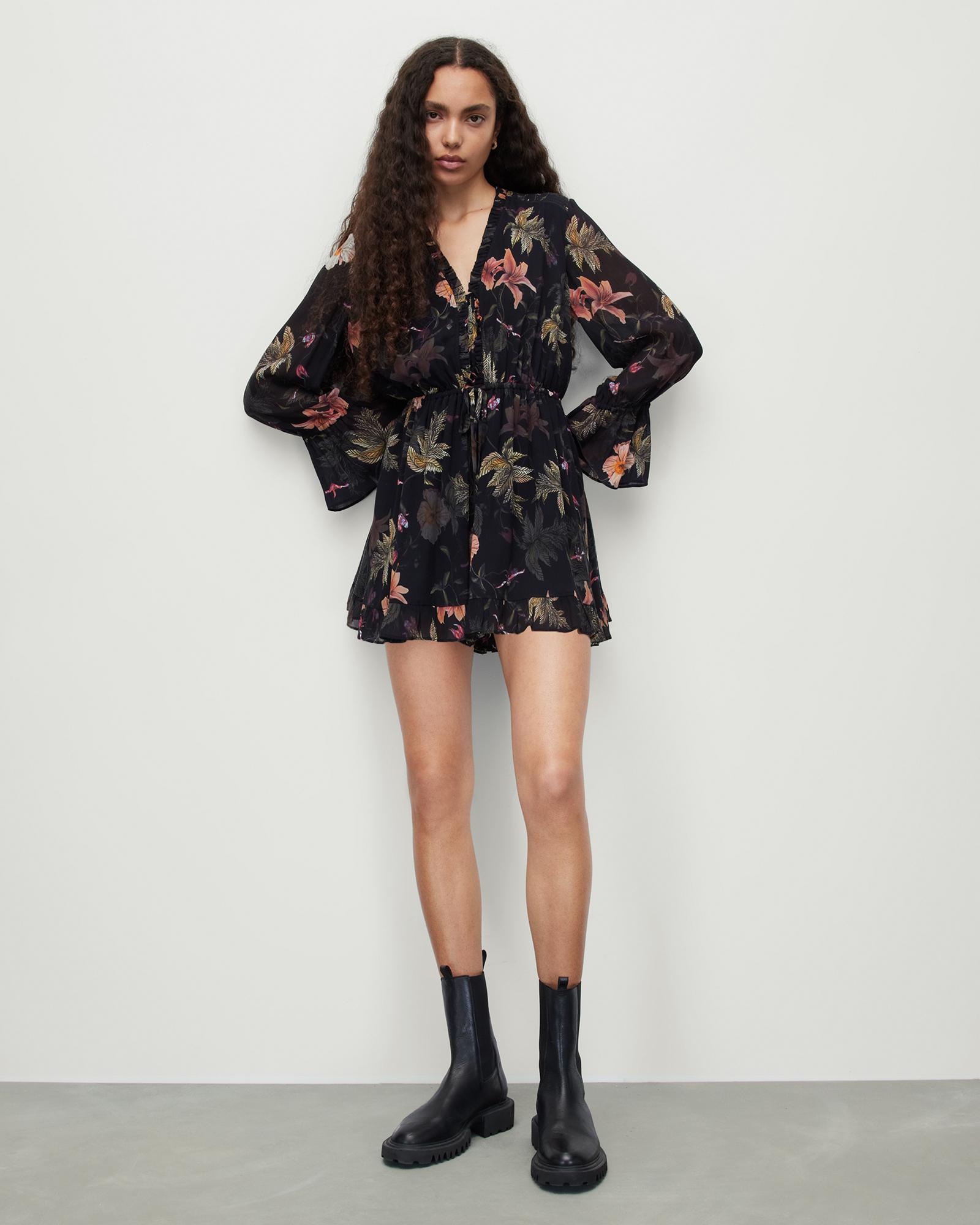 Black Floral Long Sleeve Romper