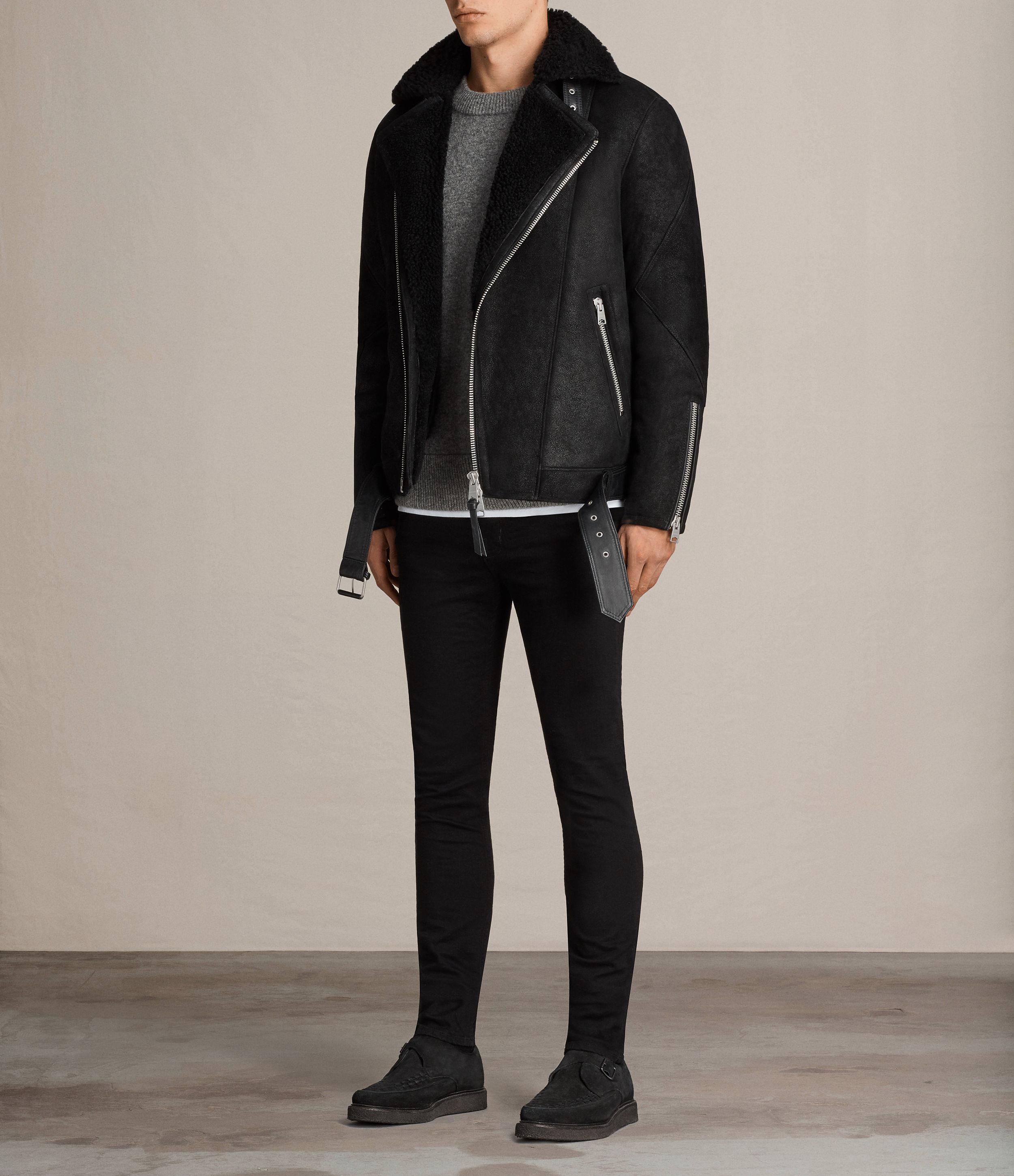 AllSaints Leather Brooklyn Shearling Biker Jacket in Black for Men Lyst