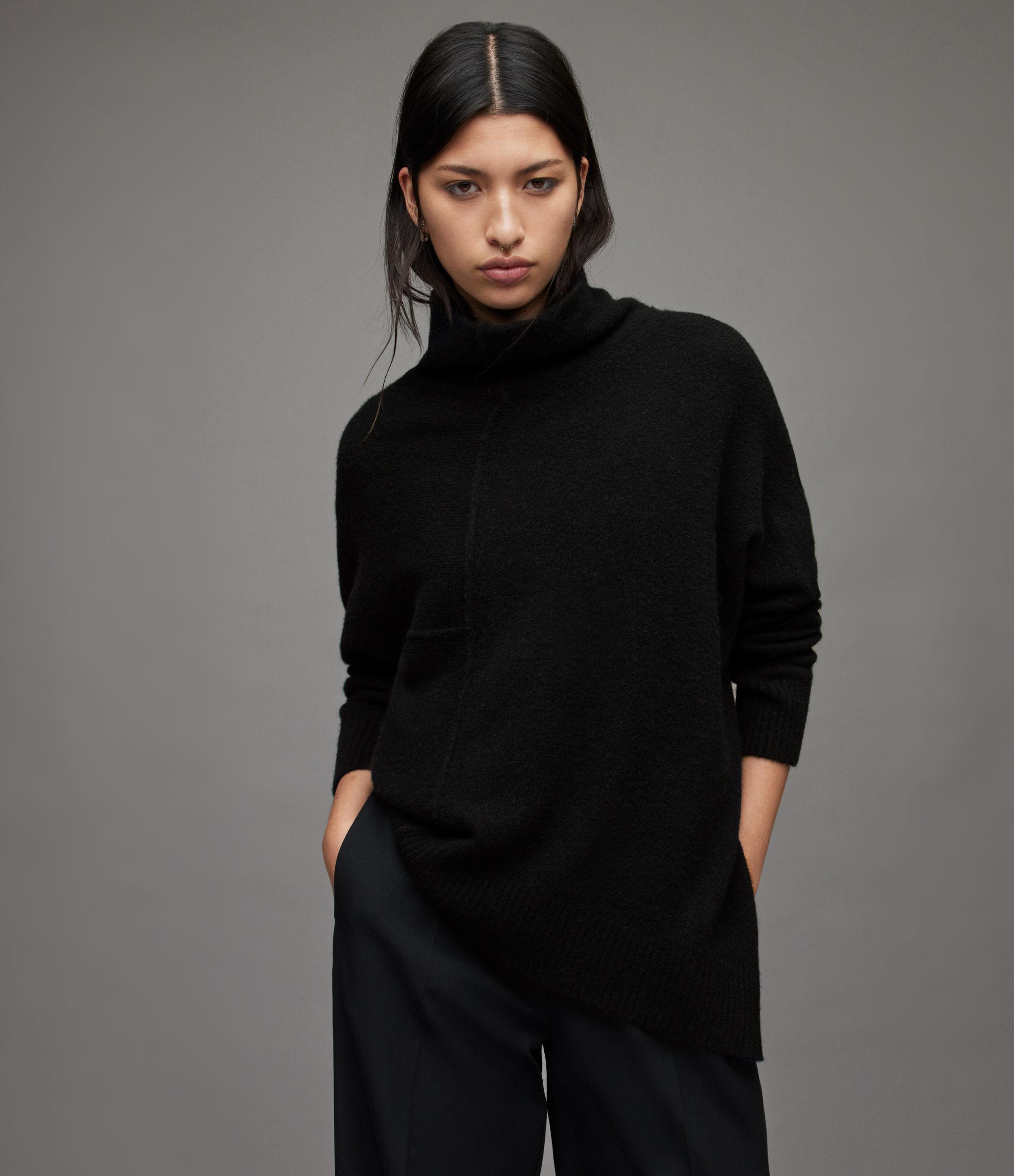 AllSaints Wool Lock Roll Neck Sweater in Black | Lyst