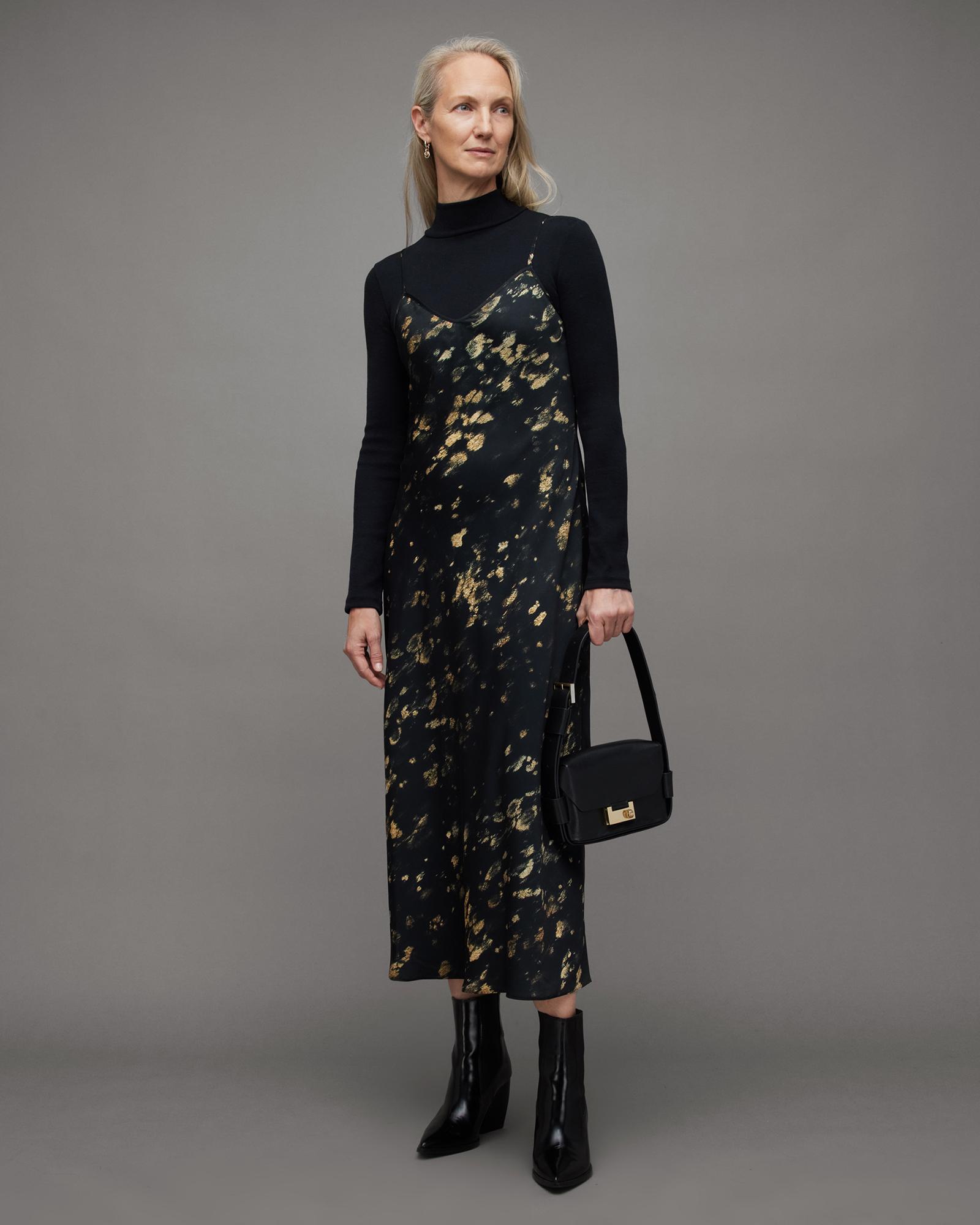 AllSaints Bryony Gold Print Ronnie Midi Slip Dress in Black | Lyst Australia