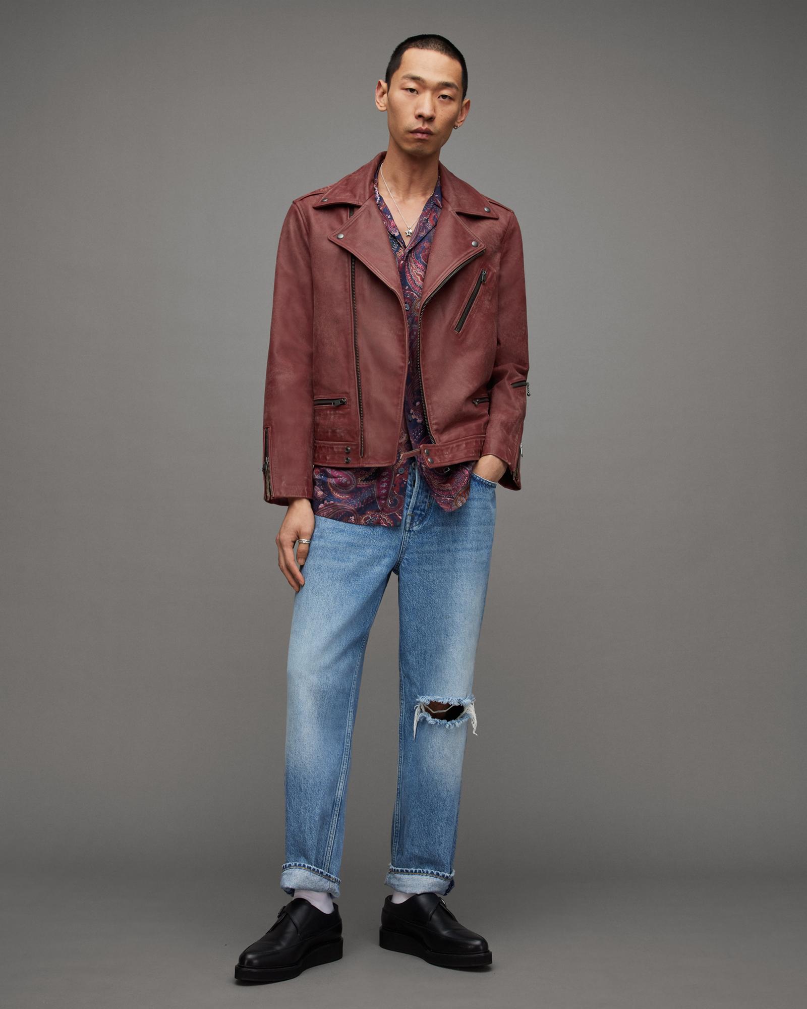 AllSaints Burman Slim Cropped Leather Biker Jacket in Brown for Men Lyst UK