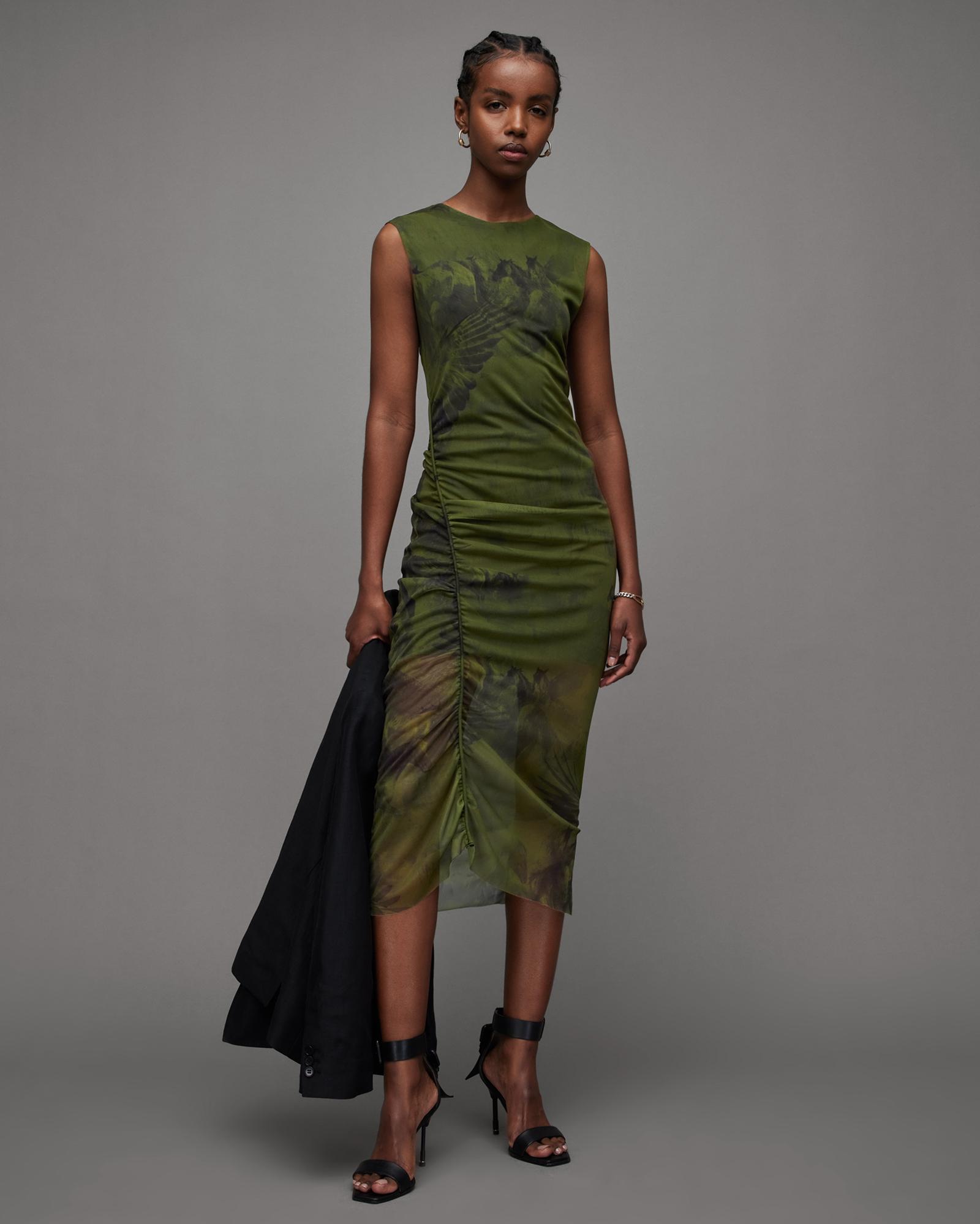 AllSaints Nora Colca Dress in Green | Lyst UK