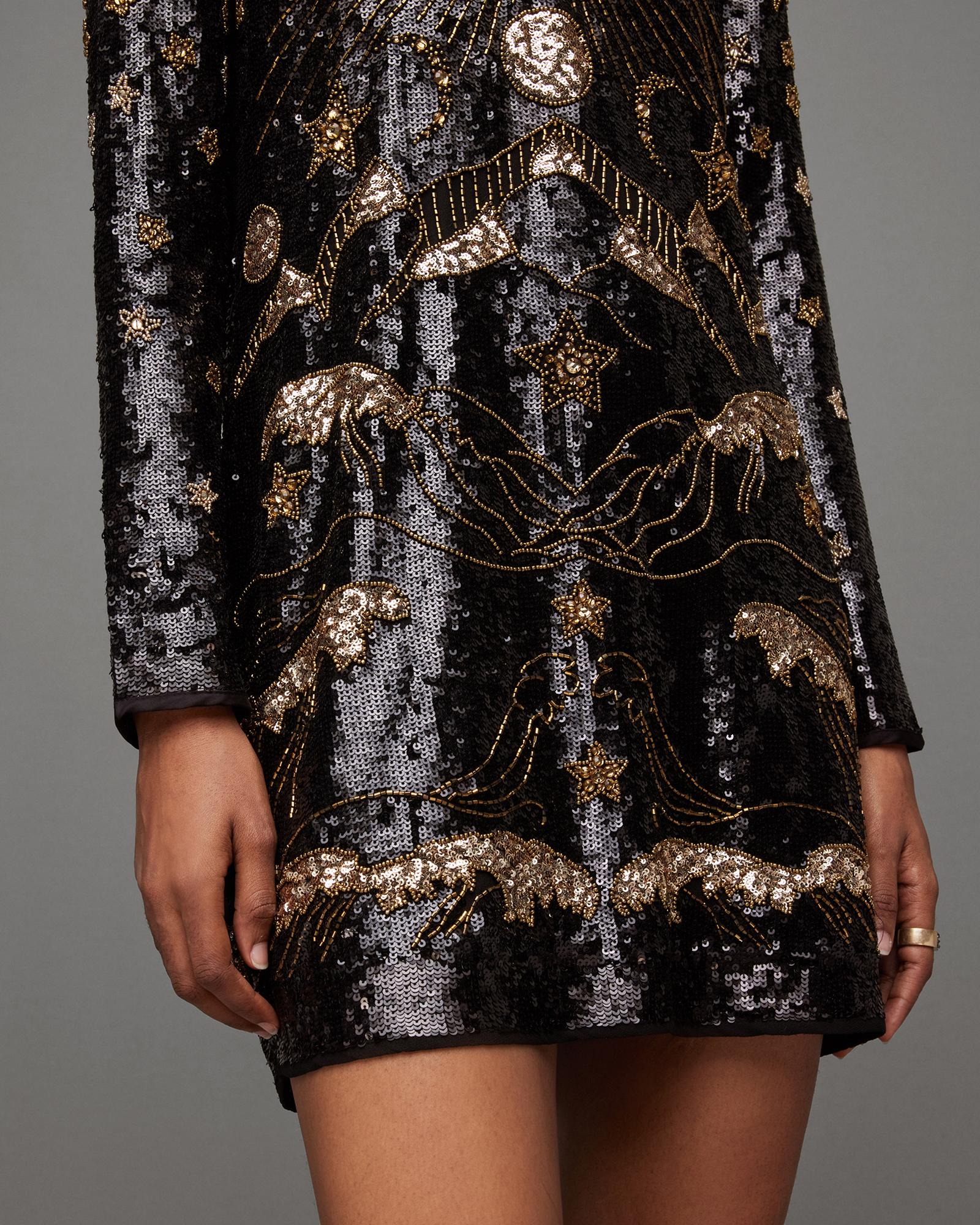 all saints beaded dress All Saints Black Silk Sequin Poison Mini Dress – Prelovely