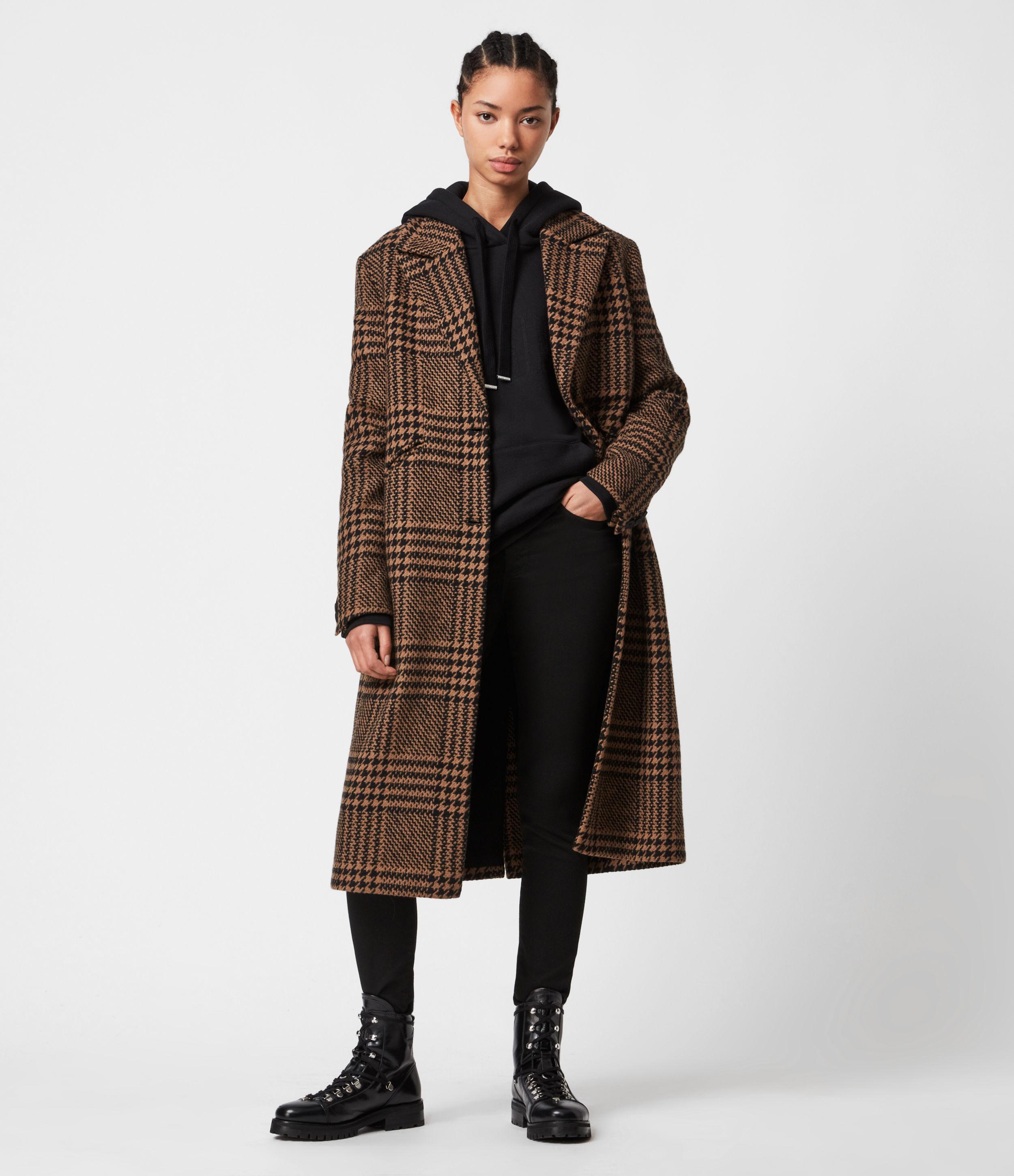 AllSaints Jette Wool Blend Check Coat in Brown | Lyst