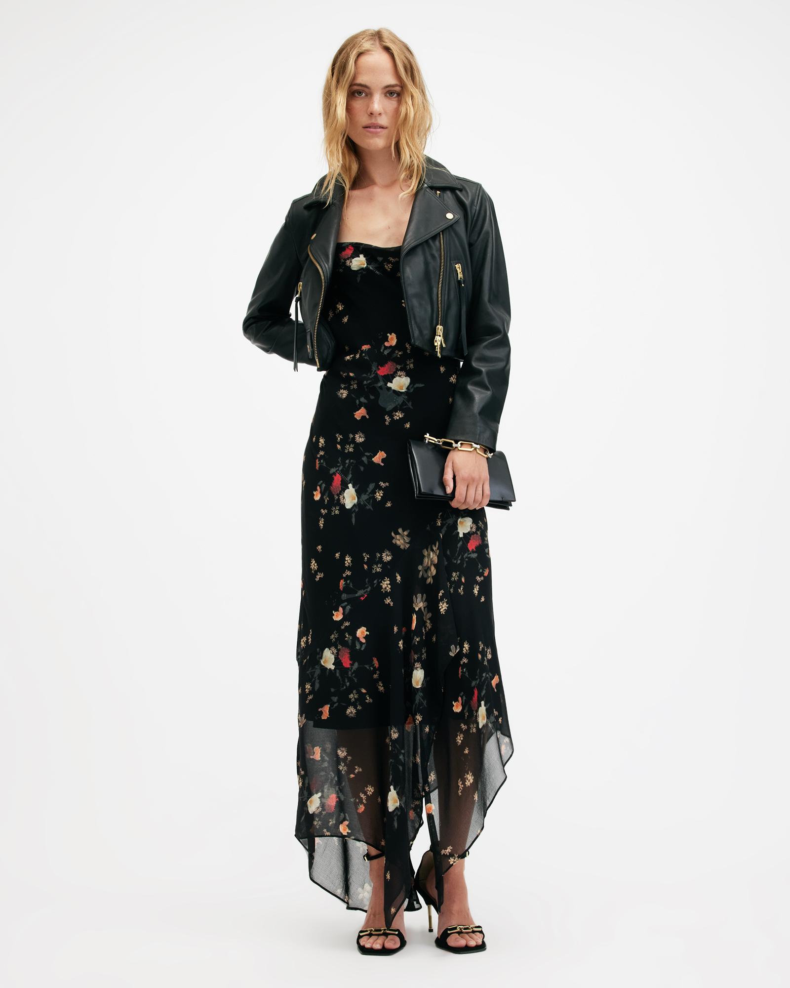 AllSaints Charlotte Kora Floral Print Midi Slip Dress in Black | Lyst