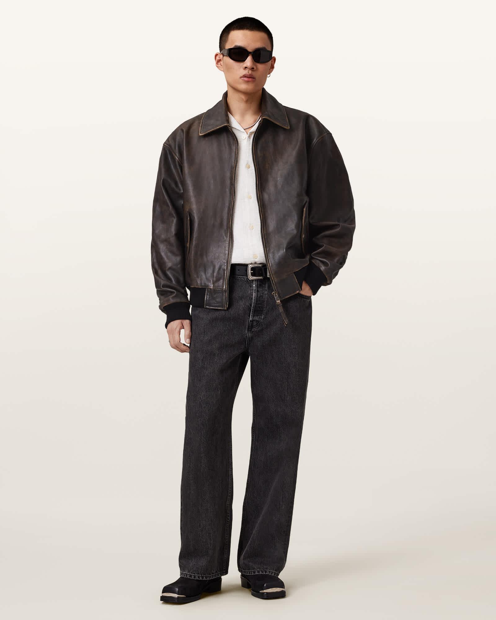 AllSaints Marco Oversized Leather Bomber Jacket in Black for Men