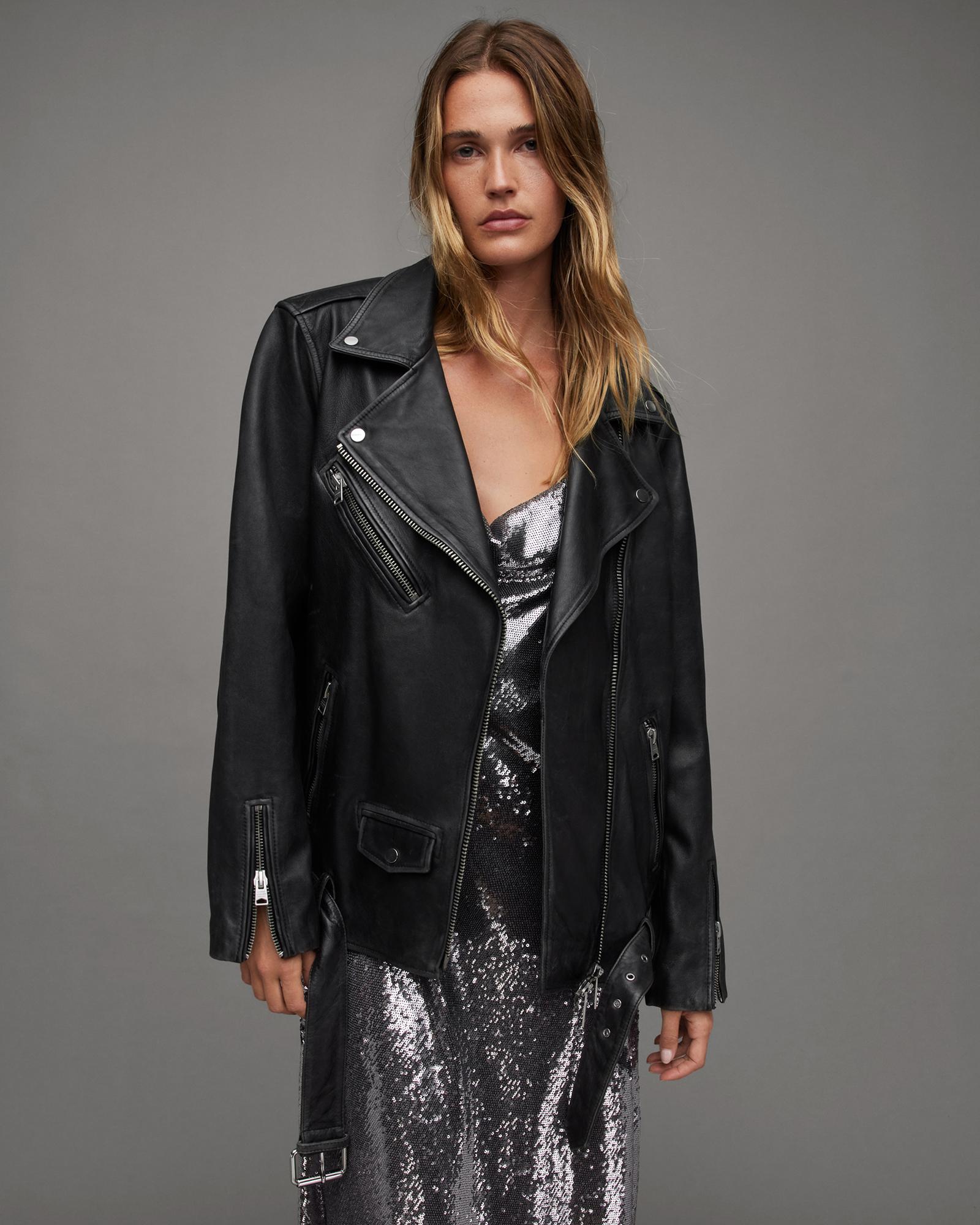 AllSaints Billie Oversized Leather Biker Jacket in Black | Lyst