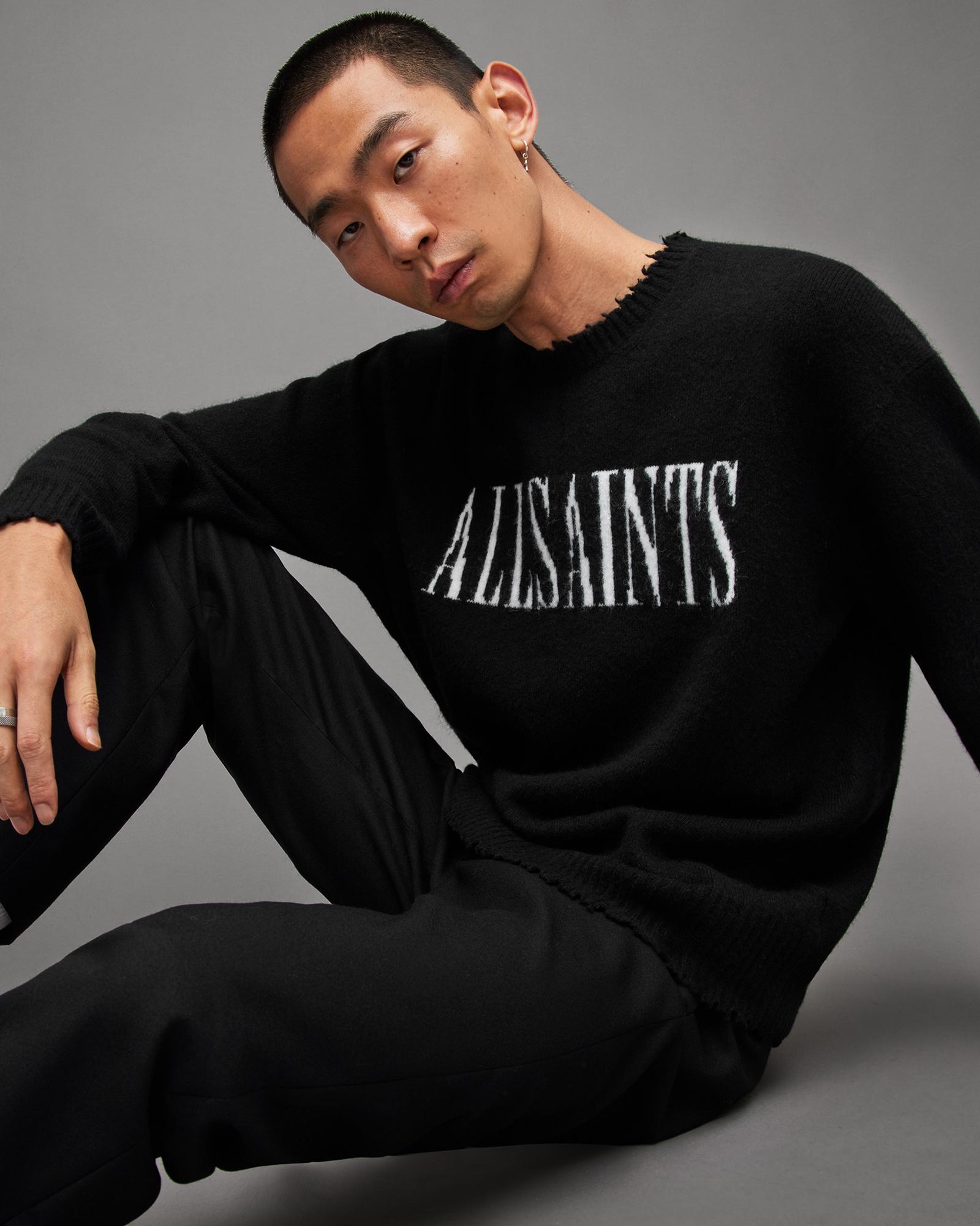 AllSaints Luka Logo Saints Crew Neck Jumper in Black for Men | Lyst