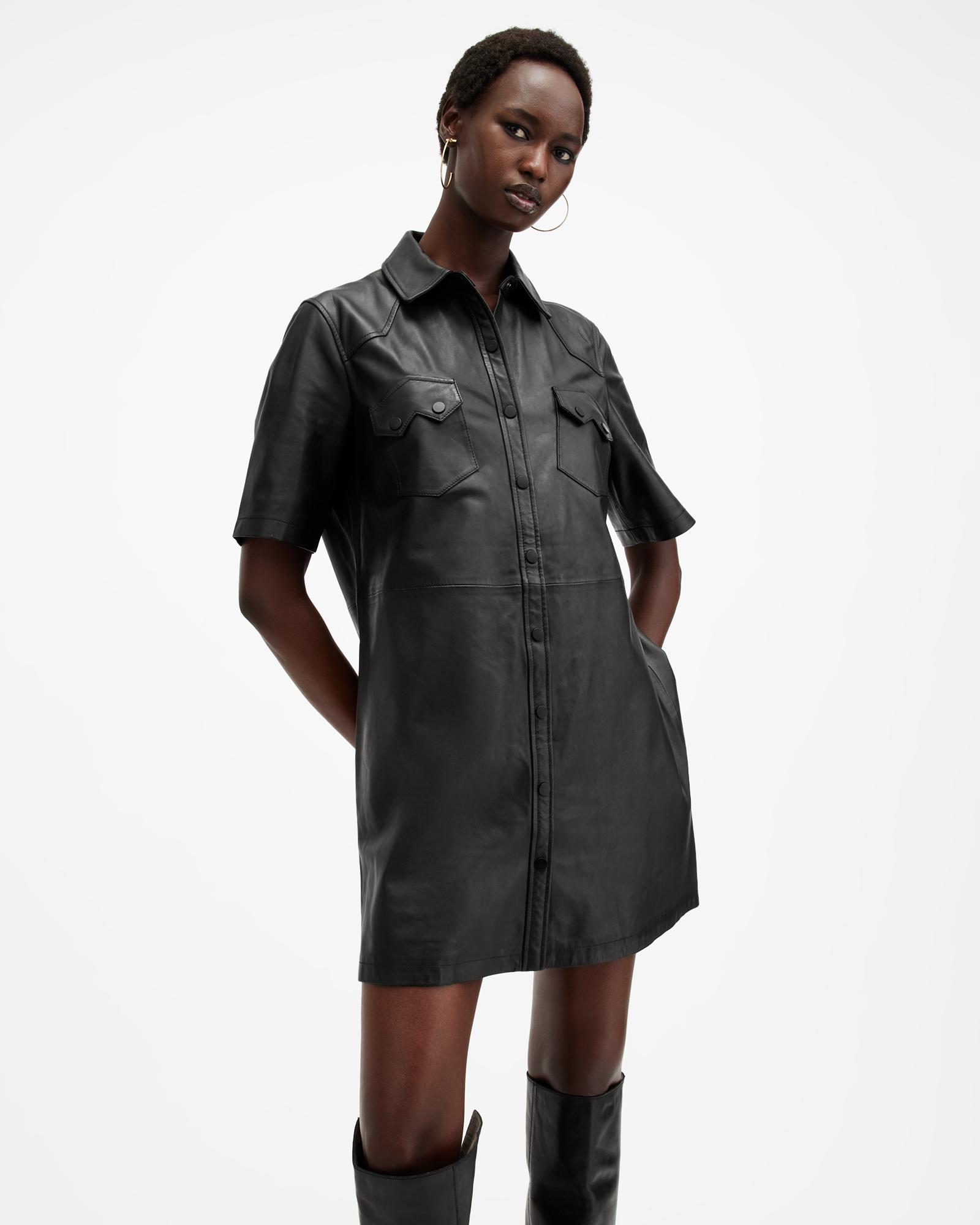 AllSaints Rock Leather Mini Dress in Black | Lyst