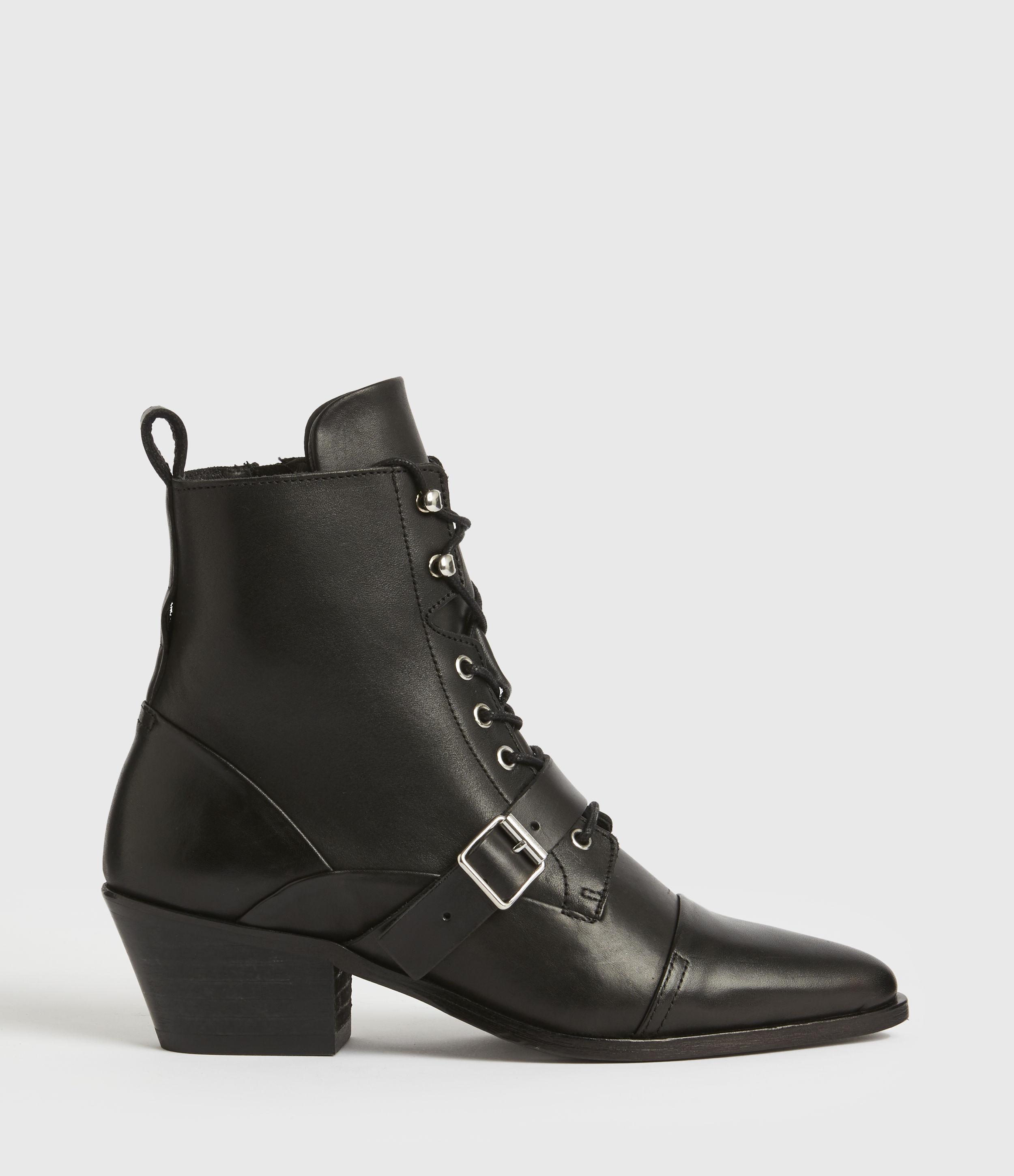 AllSaints Calf Katy Stacked Heel Boots, in Black | Lyst