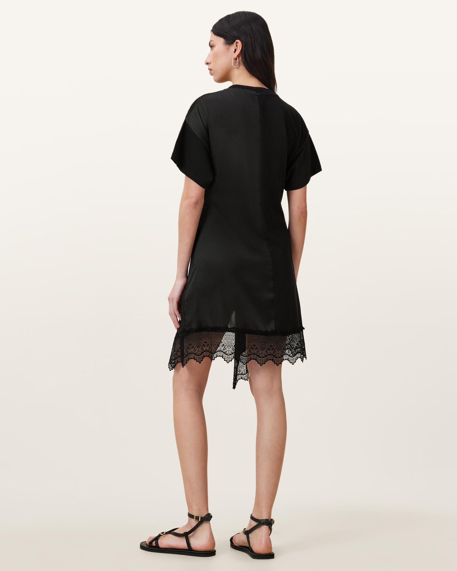 AllSaints Lana Lace Trim Mini T-Shirt Dress in Black | Lyst