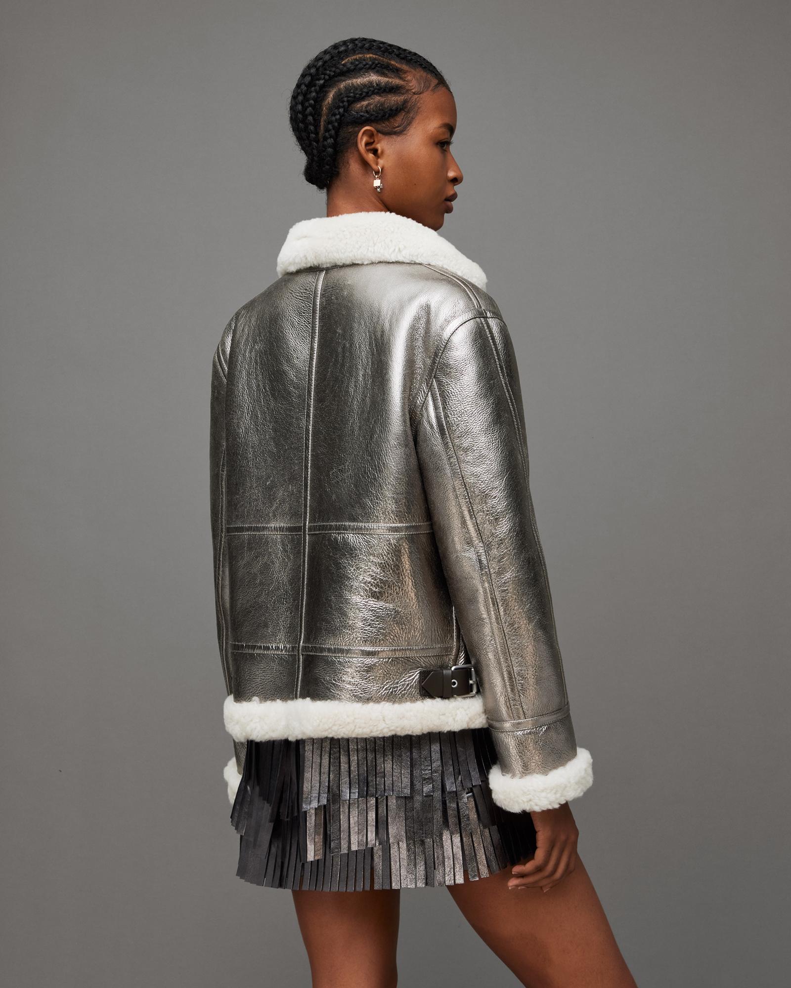 Silver hot sale shearling jacket