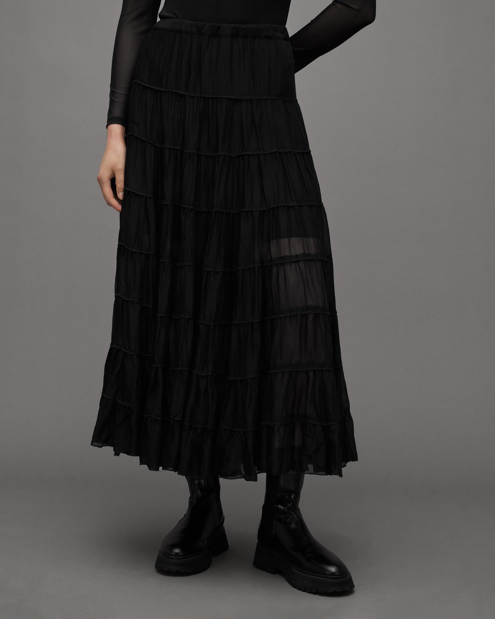 AllSaints Eva Elasticated Waist Tiered Maxi Skirt in Black | Lyst