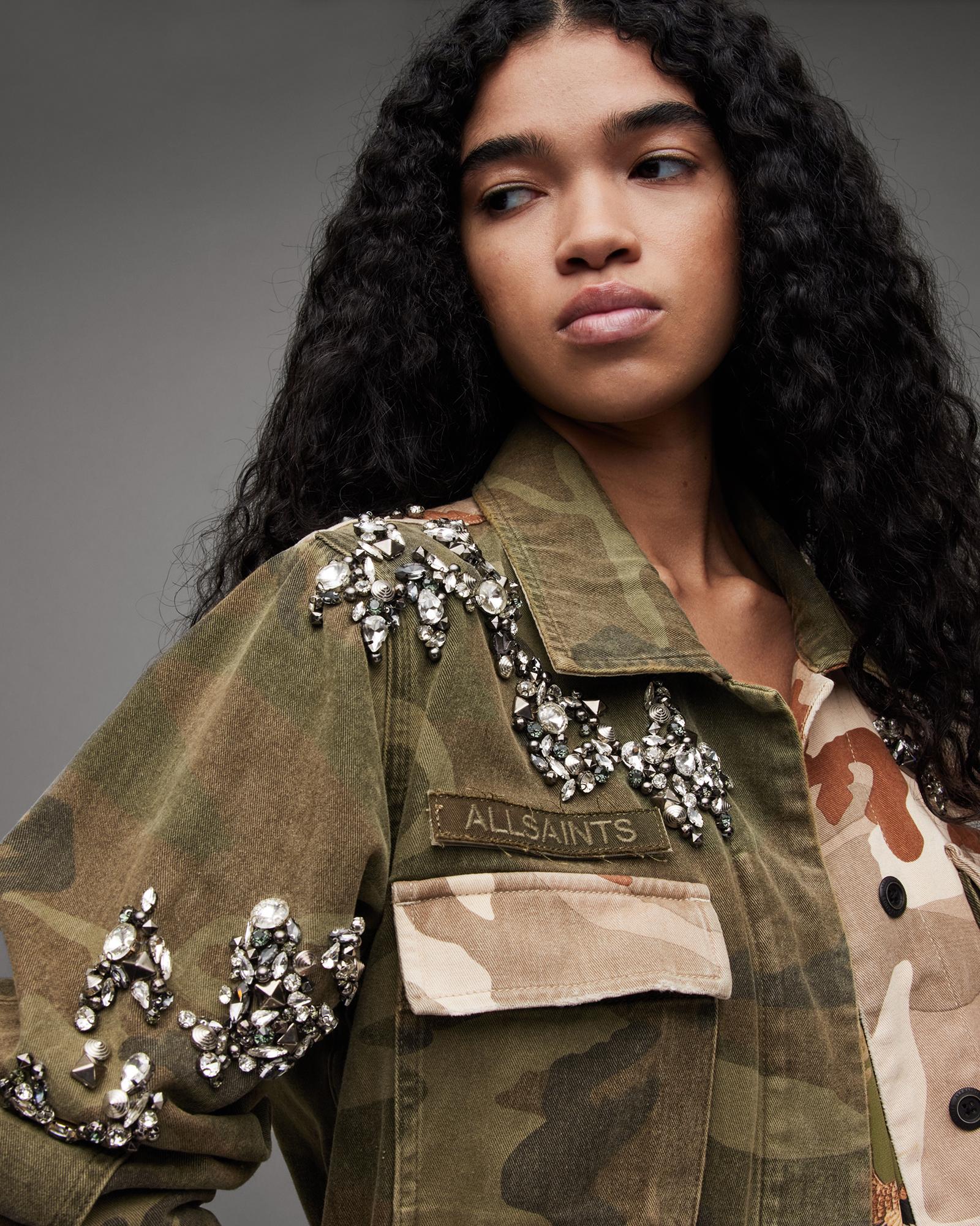 AllSaints Finch Camo Embellished Denim Jacket in Grey | Lyst UK