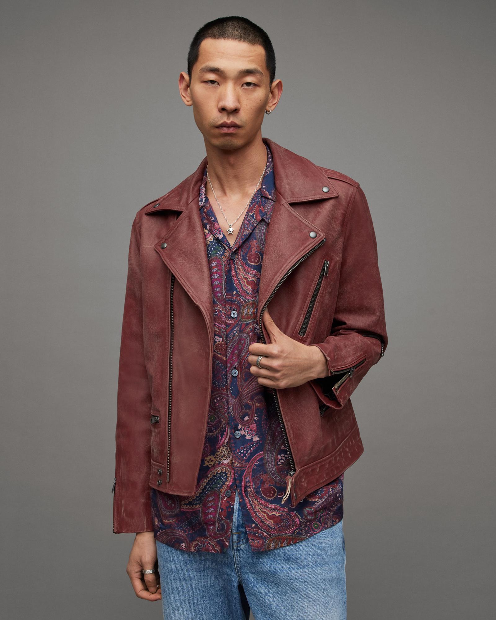 AllSaints Burman Slim Cropped Leather Biker Jacket in Brown for
