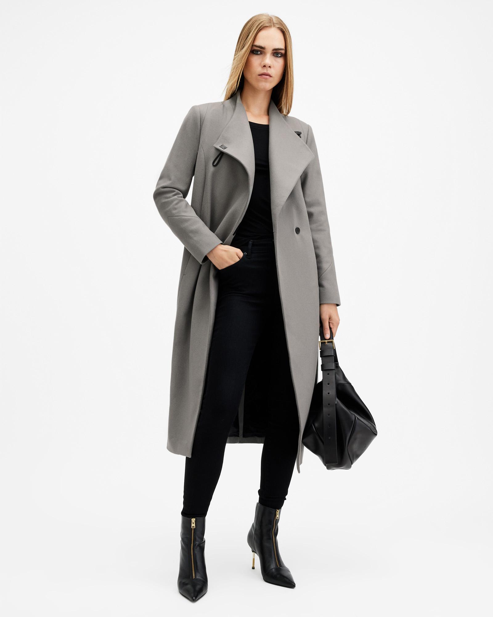 Coat Clearance Only Riley Wool Blend Wrap Coat Riley Wrap Around Belted Long Line Coat Black ALLSAINTS