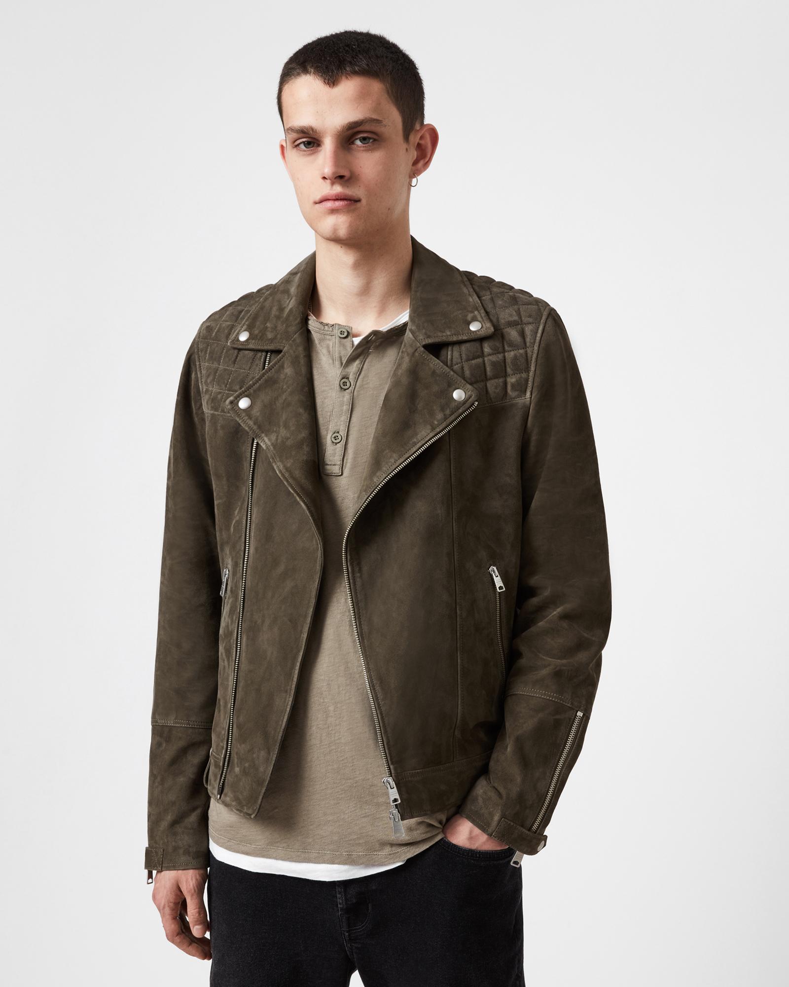 AllSaints Whelan Suede Biker Jacket in Green for Men | Lyst UK