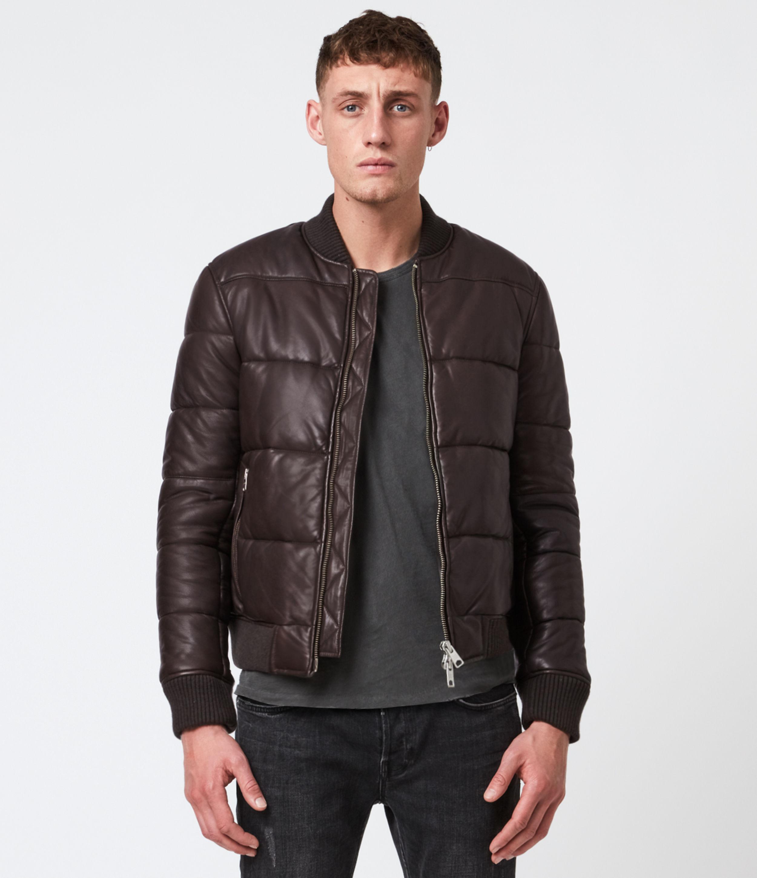 AllSaints Men's Bowen Leather Puffer Bomber Jacket in Khaki (Black) for Men  | Lyst