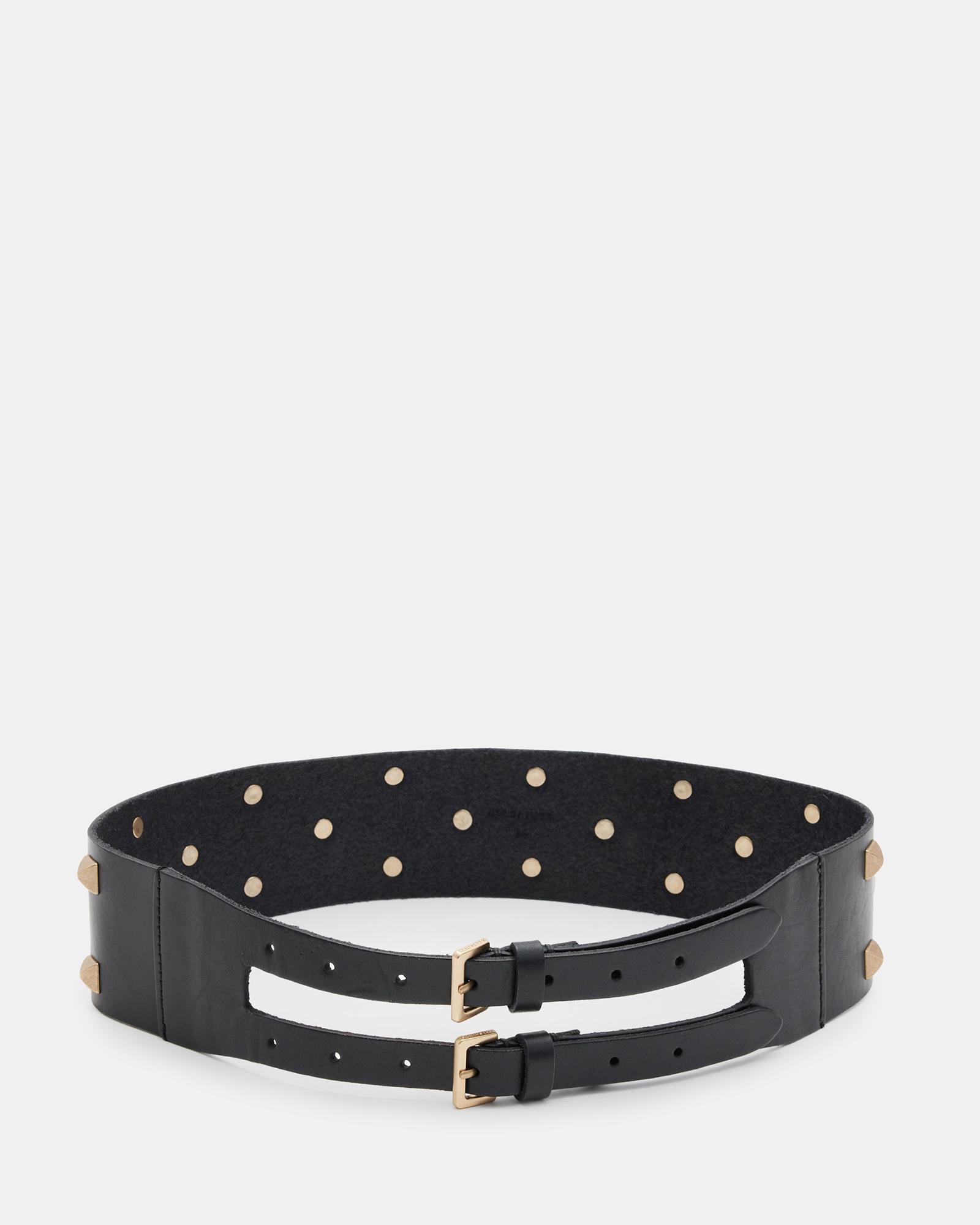 All Saints Black Woven Belt with Gold Studs AllSaints Sonia Studded Double Leather Belt,, /Warm Brass in  main image 4