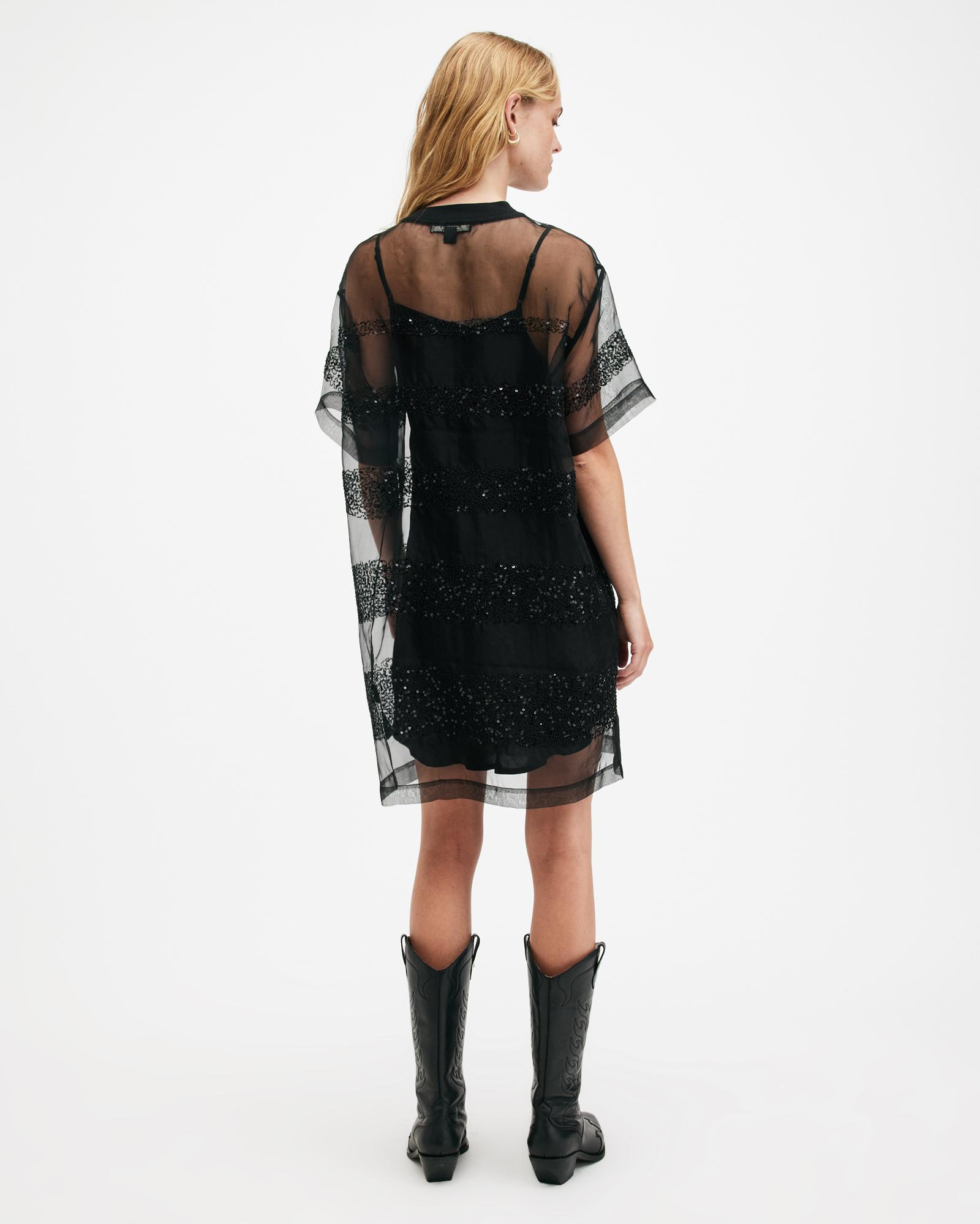 AllSaints Izabela Embellished Mesh Mini Dress in Black | Lyst