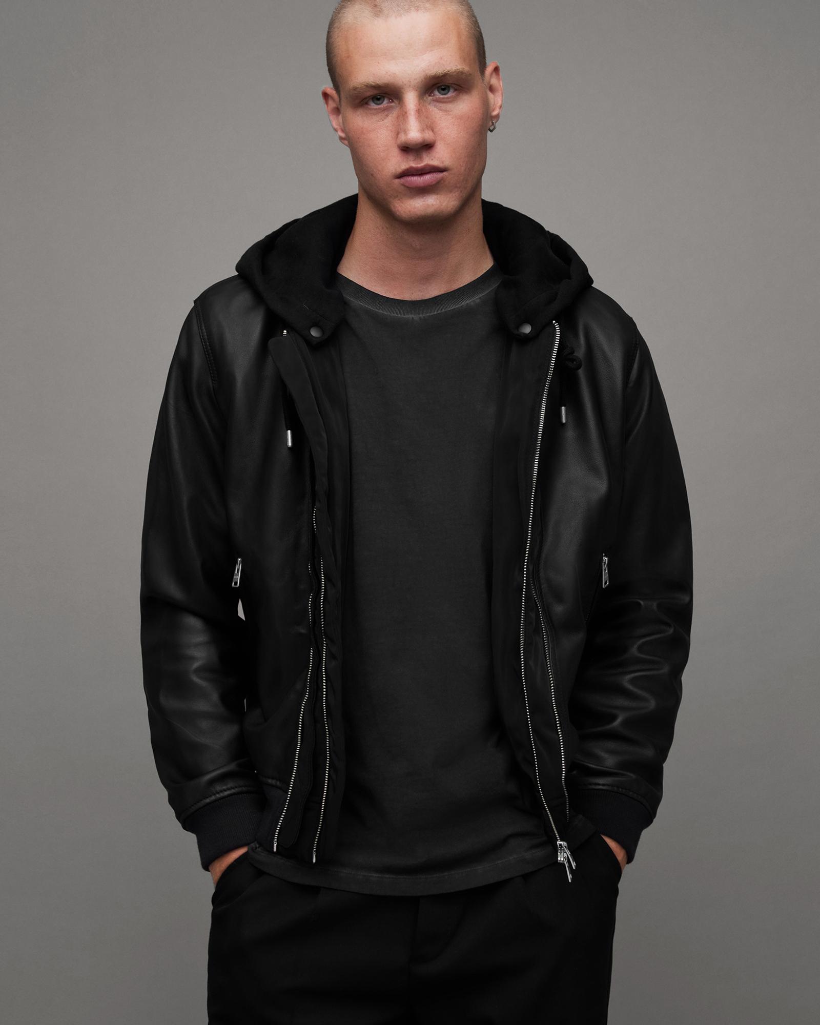 AllSaints Valk Removable Hood Leather Bomber Jacket in Black for Men Lyst